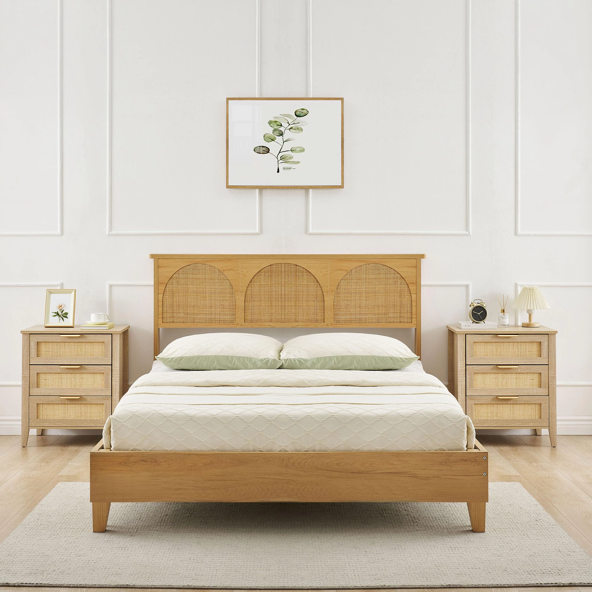 BebreezChic Set of 2 3-Drawer Nightstands with Rattan Fronts and Metal Handles