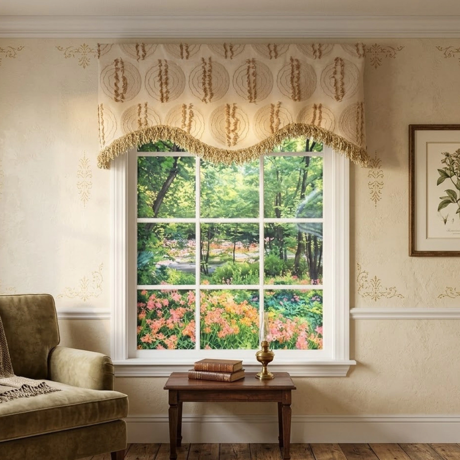 RLF Home Shaggy Trimmed Cornice Window Valance 100% Cotton Lined Rod Pocket 50" x 17" Beige
