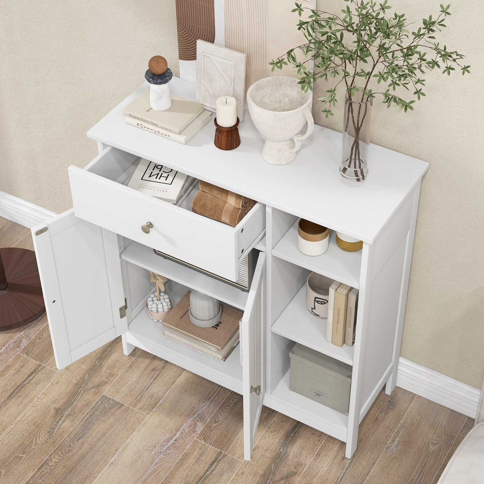 Slickblue White Storage Cabinet with Drawer, Adjustable Shelf and Open Shelves