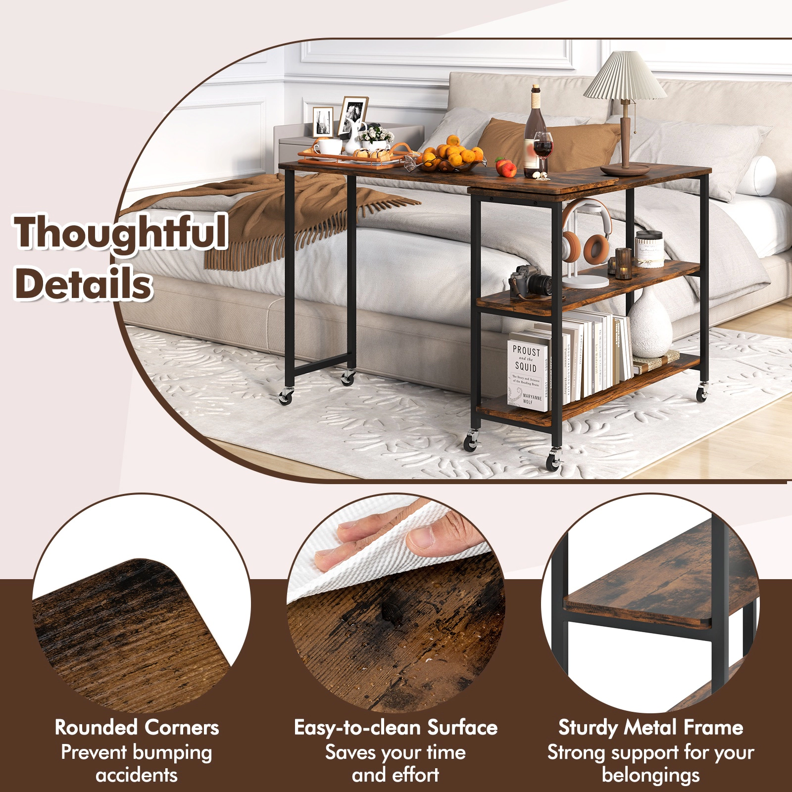 Glintex 360-Degree Rotating Sofa Side Table with Casters and 2 Open Shelves, Rustic Brown
