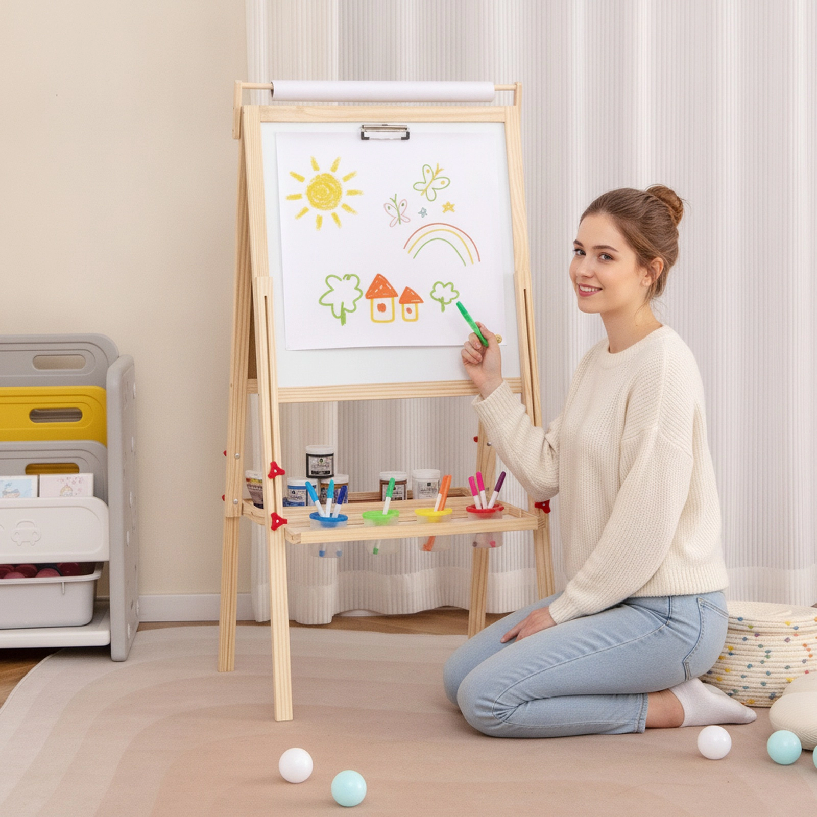 Height Adjustable Double-Sided Toddler Art Easel Kids 3 to 10 with 4 Paint Cups 19.5-in Board 17.5-in Paper Roll