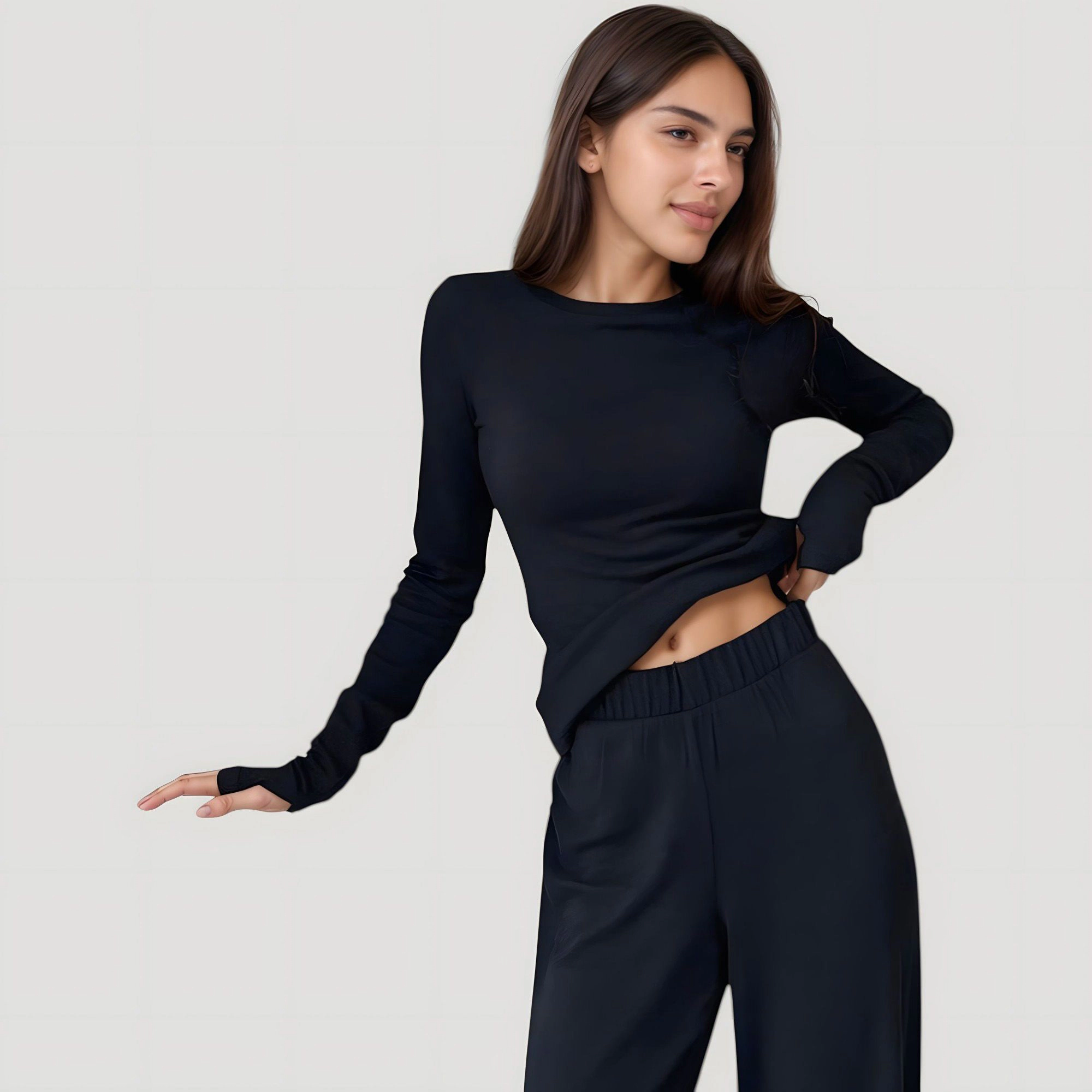 Anna-Kaci Women's Long Sleeve Woven Pajama Set with Fitted Crew Neck Top and Wide Leg Pants
