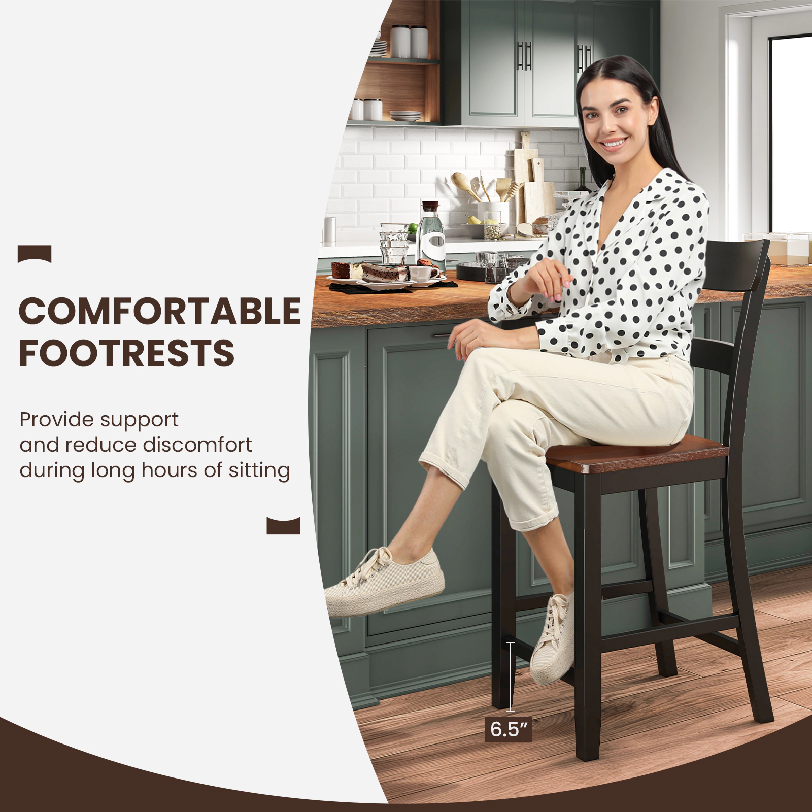 SUGIFT Black Solid Rubber Wood Frame Set of 2 Farmhouse Counter Height Bar Stool