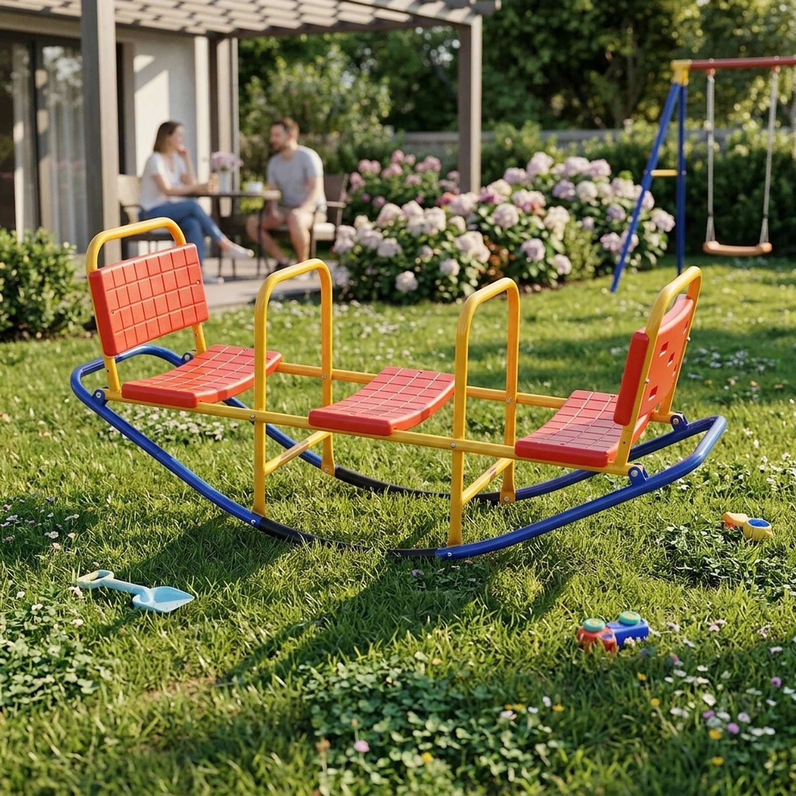 Kids Teeter Totter Seesaw 360-Degree Swivel Sit and Spin Backrest Footrest Handlebars 200-lb Capacity Ages 3-8 Red