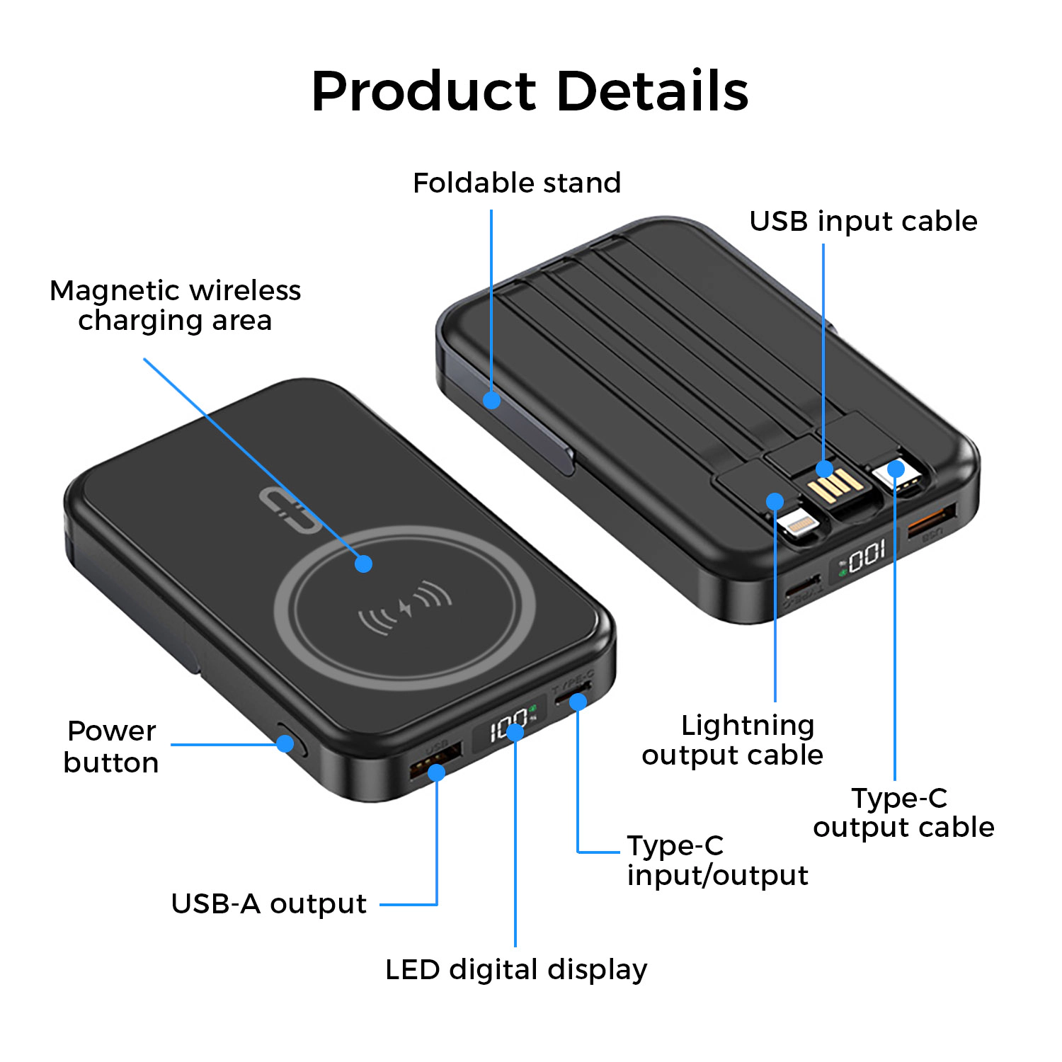 Alpha Digital 10,000mAh, 3 Cables, Magnetic Wireless Charging, Phone Stand - Power Bank