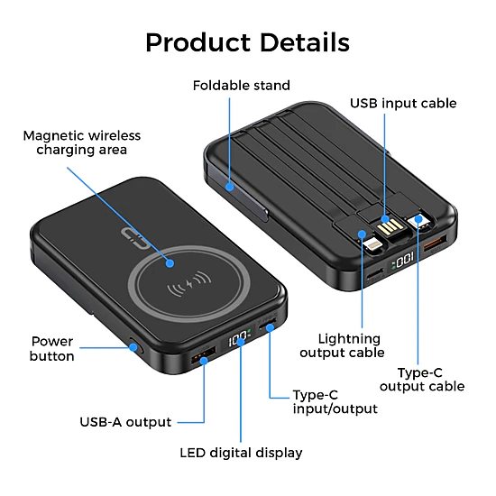 Alpha Digital 10,000mAh, 3 Cables, Magnetic Wireless Charging, Phone Stand - Power Bank