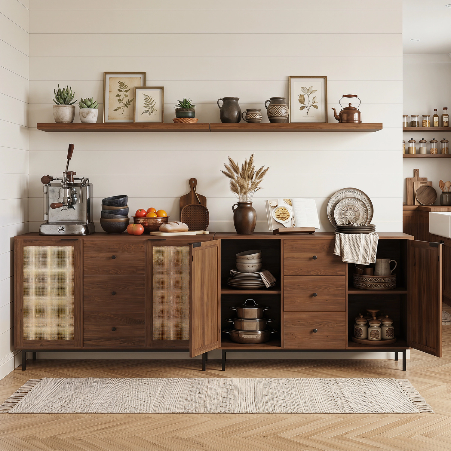 Glintex 47.5-Inch Farmhouse Coffee Bar with Rattan Doors and 3 Drawers
