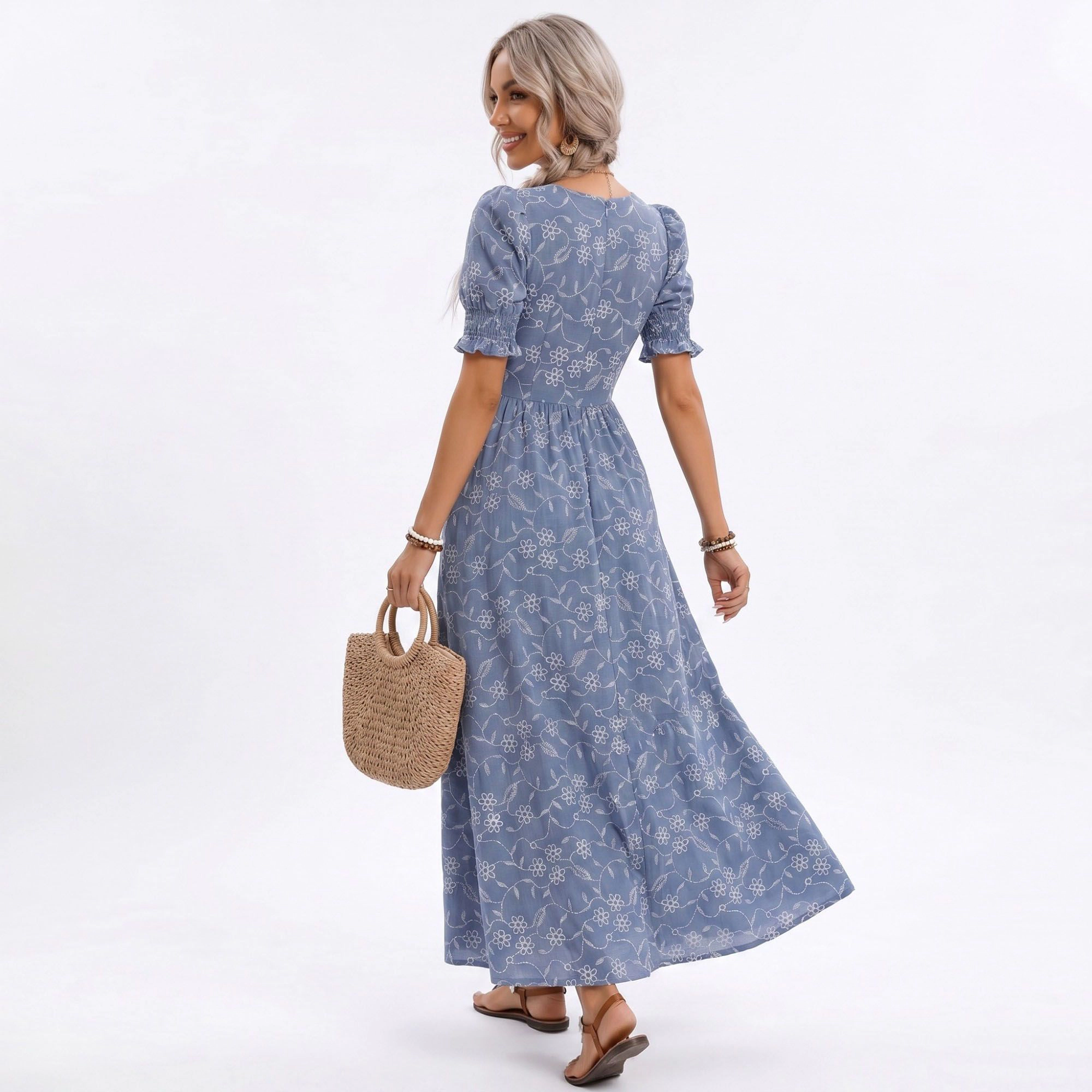 Anna-Kaci Women's Floral Embroidered Puff Sleeve Midi Dress