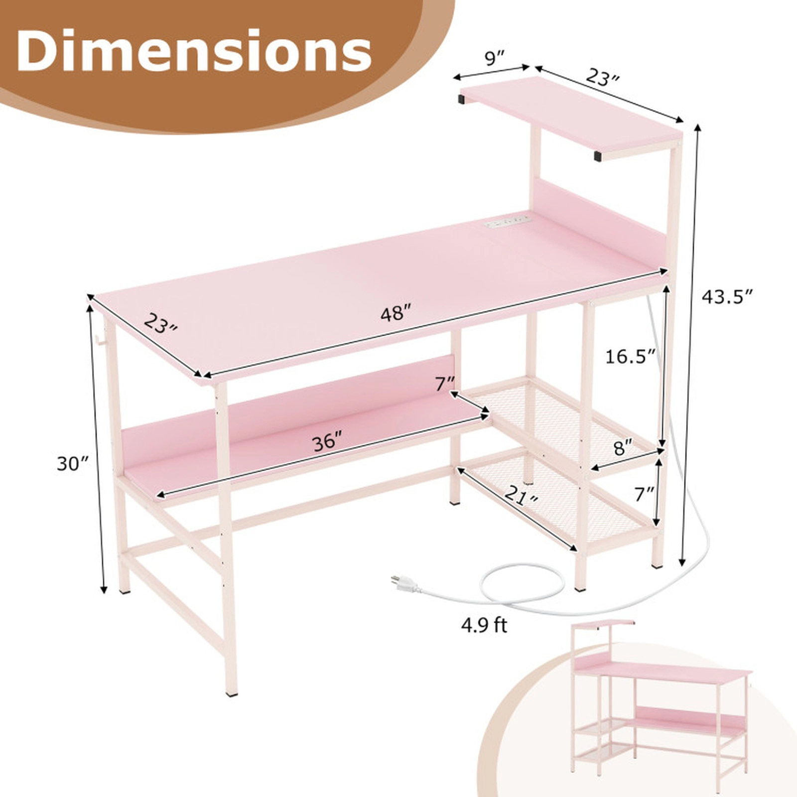 SUGIFT Pink Power Outlets Mesh Storage Shelves and Hanging Hook 48 Inch Computer Desk