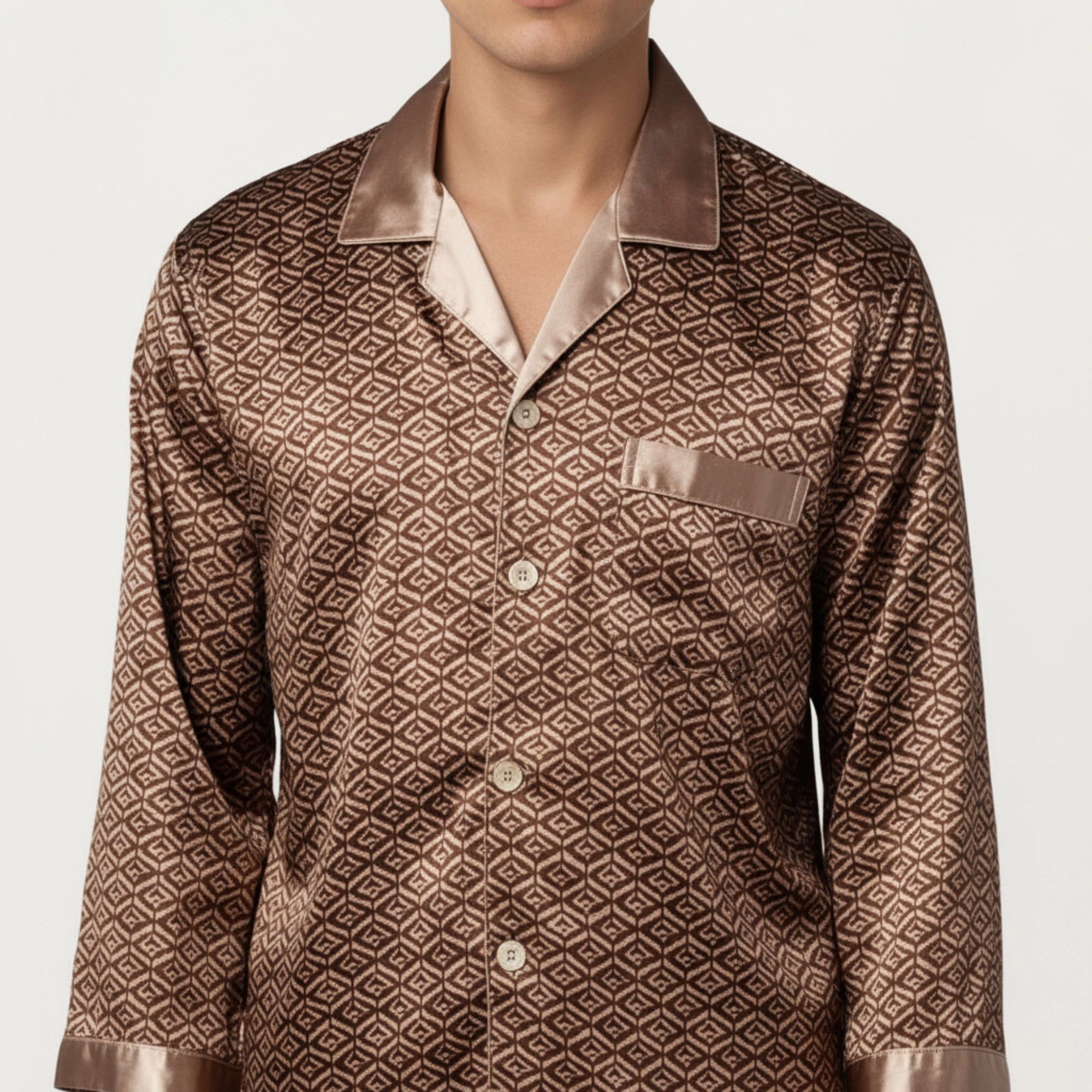 Anna-Kaci Men's 2-Piece Satin Pajamas with Geometric Print Button Up Top and Matching Pants