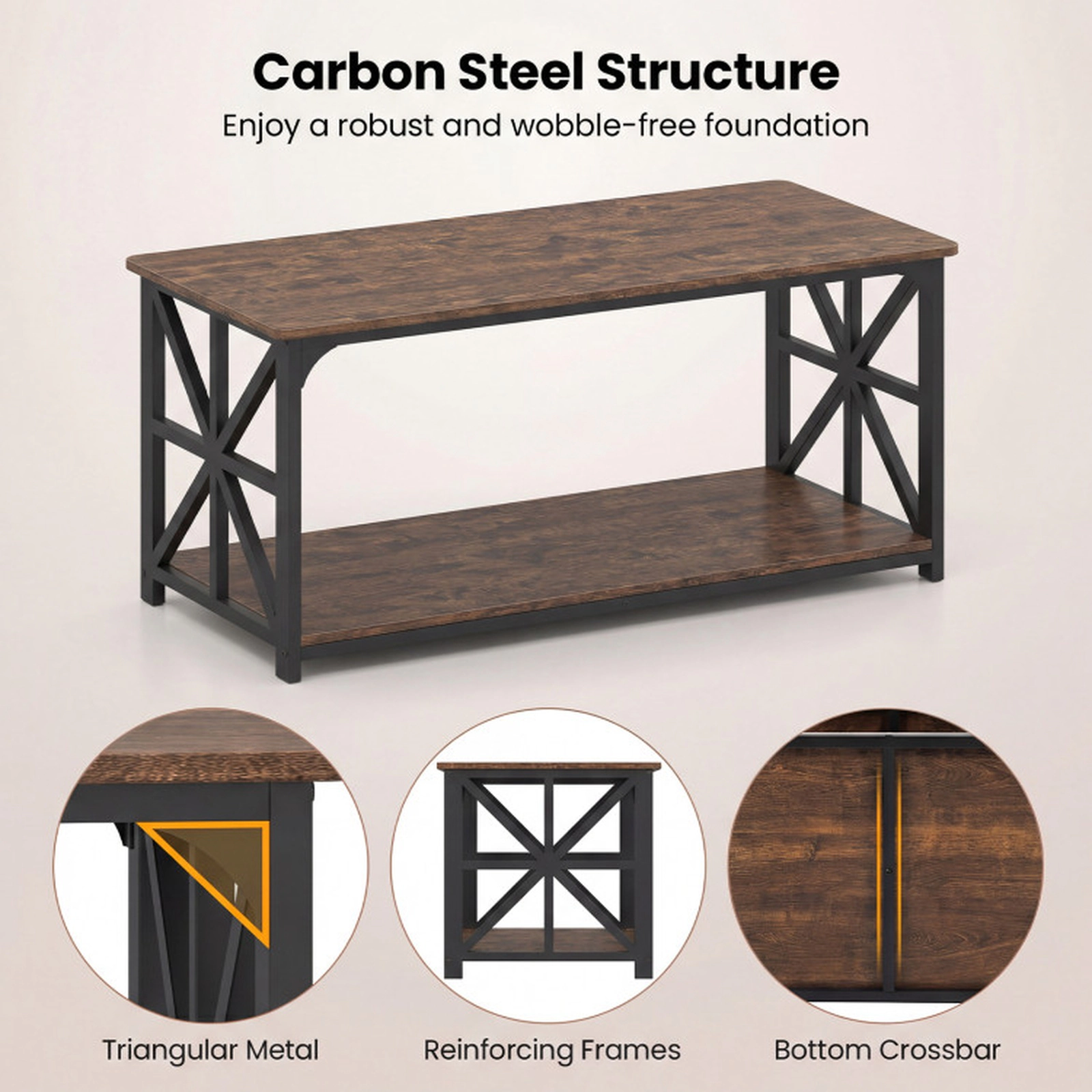 SUGIFT 2-Tier Coffee Table Center Table with Storage Shelf 290-lb Capacity 43-in Brown Engineered Wood and Carbon Steel