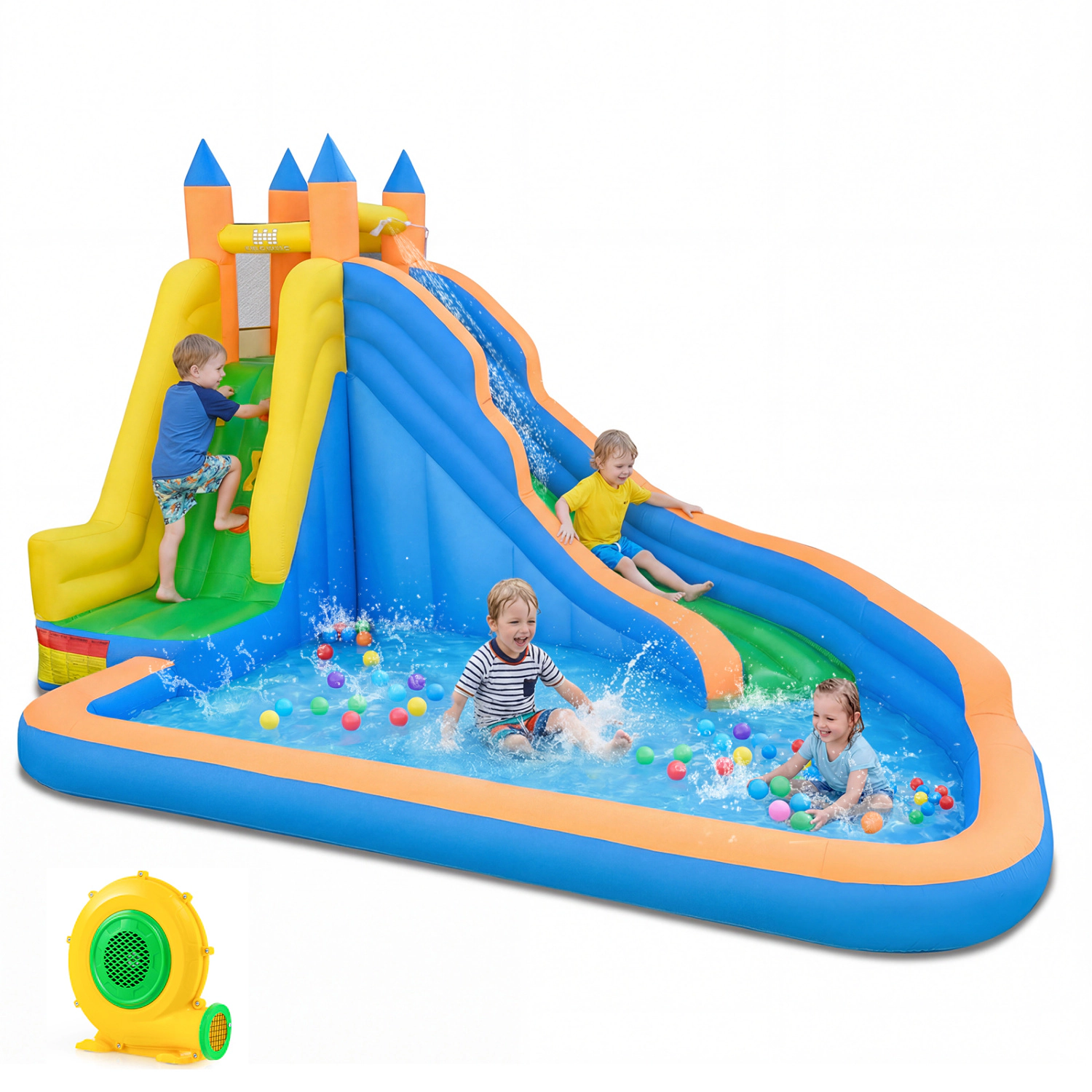 LJG Kids 3-in-1 Inflatable Water Slide with Curved Slide and 680W Blower
