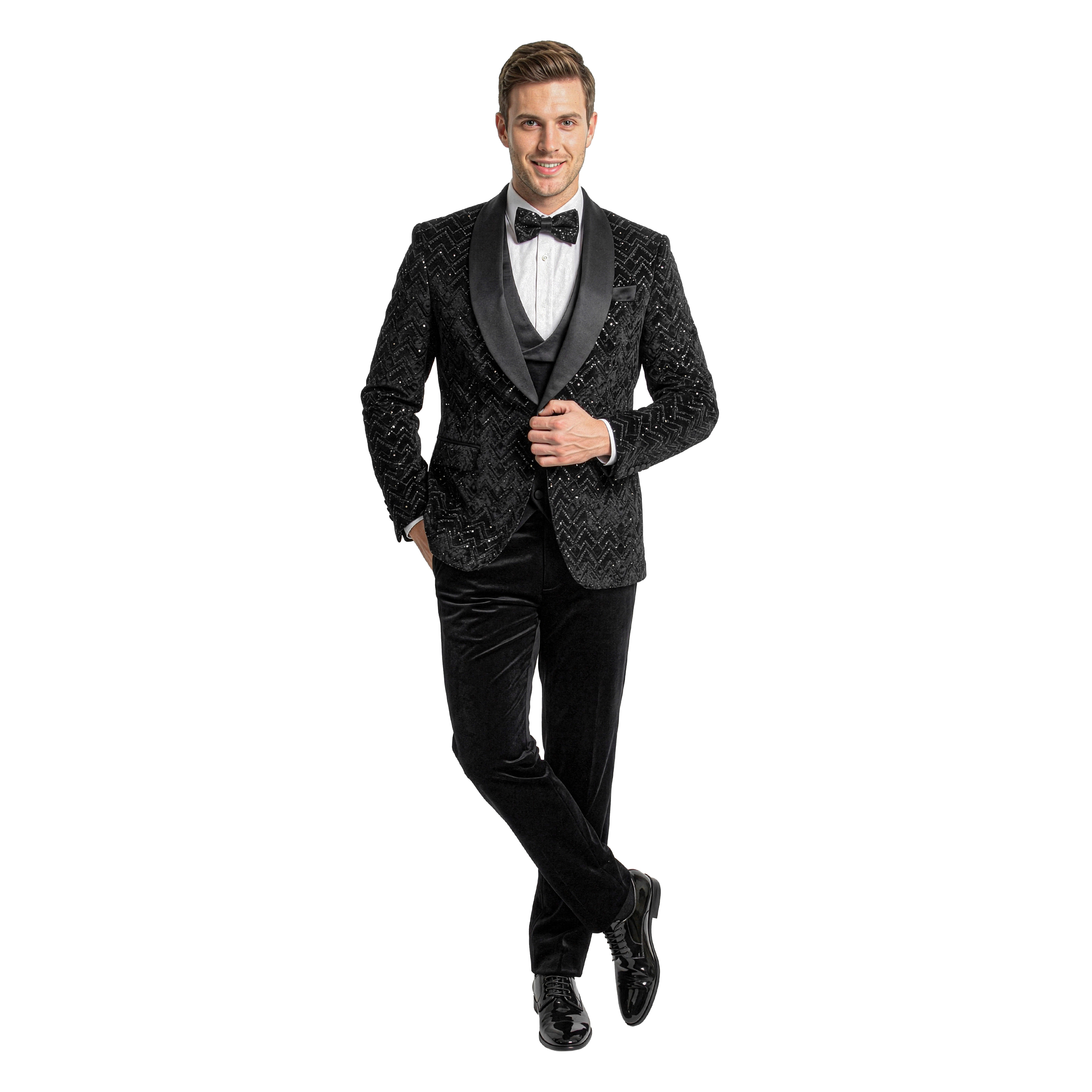 Tazzio Men's Skinny Fit 3pc Velvet Jacquard Tuxedo Set