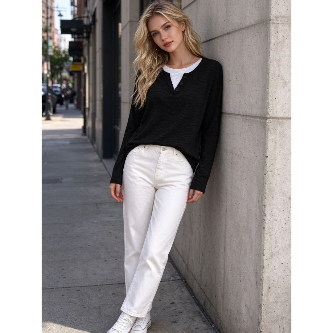 Coolmee Women's Round Neck Long Sleeve Color Block Ribbed Loose Knit Top Fall