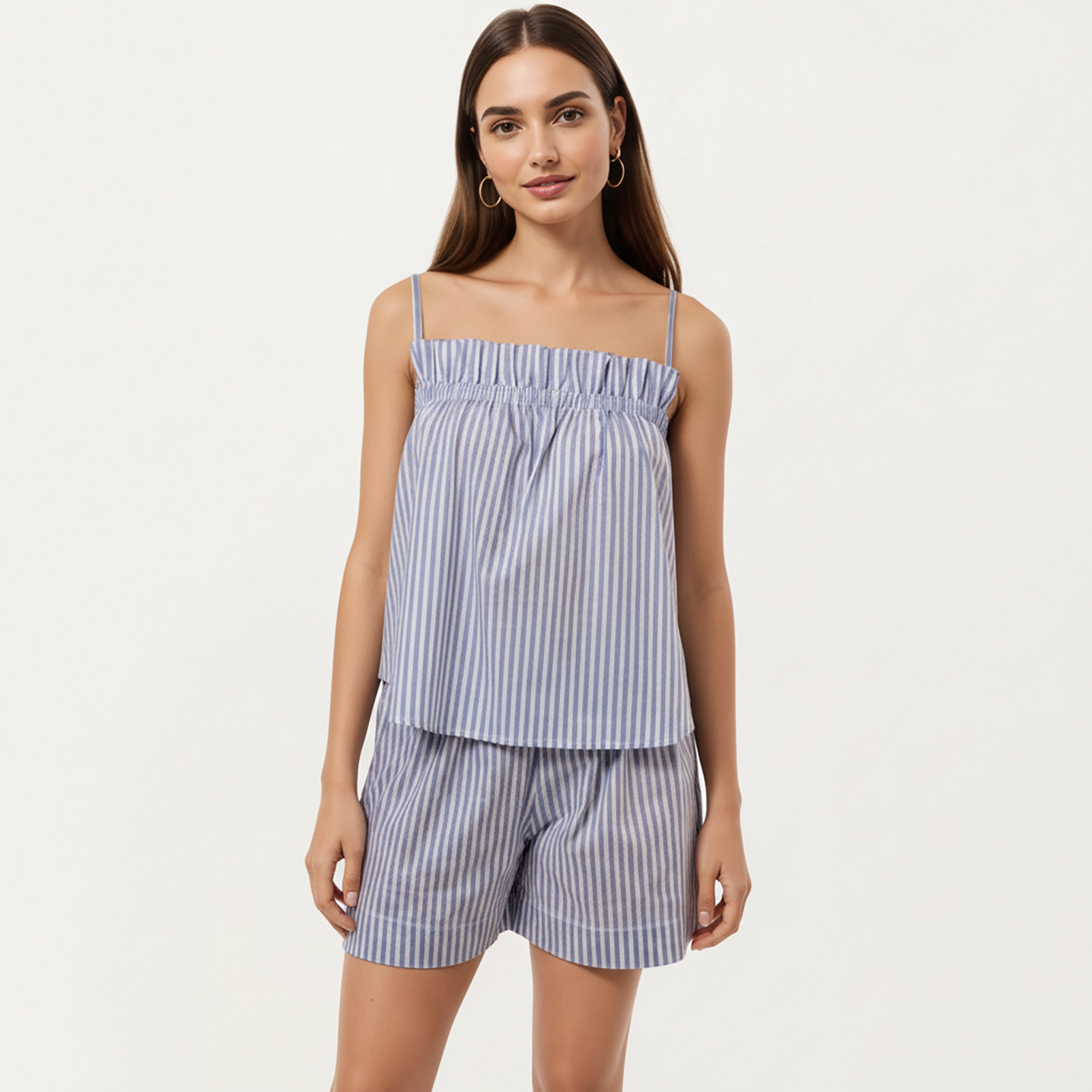 Anna-Kaci Women's Striped Pajama Set with Ruffle Trim Cami Top and Casual Fit Shorts