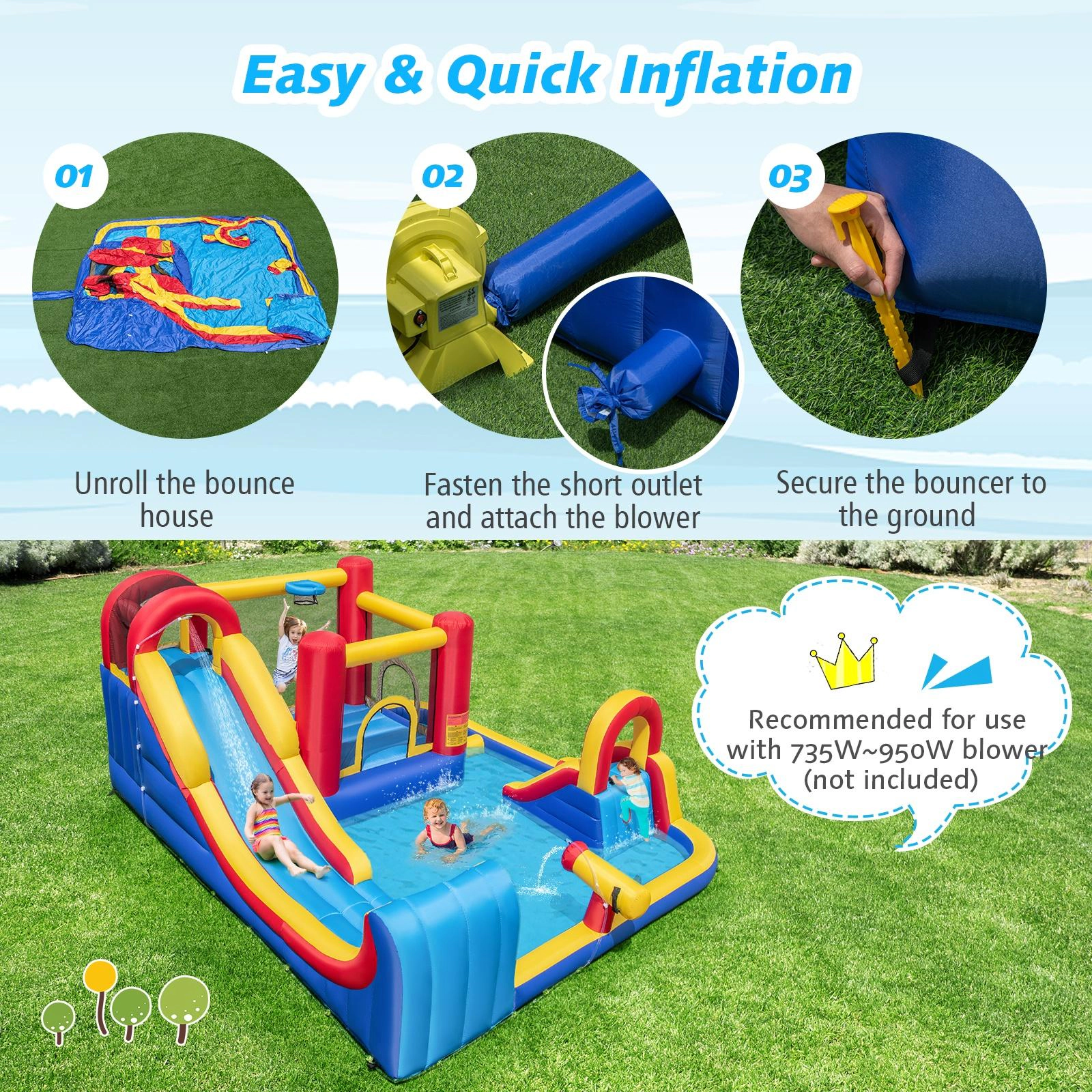 SUGIFT Dual Slides Surfing Run-Out and 680W Blower 7-in-1 Kids Inflatable Bounce House