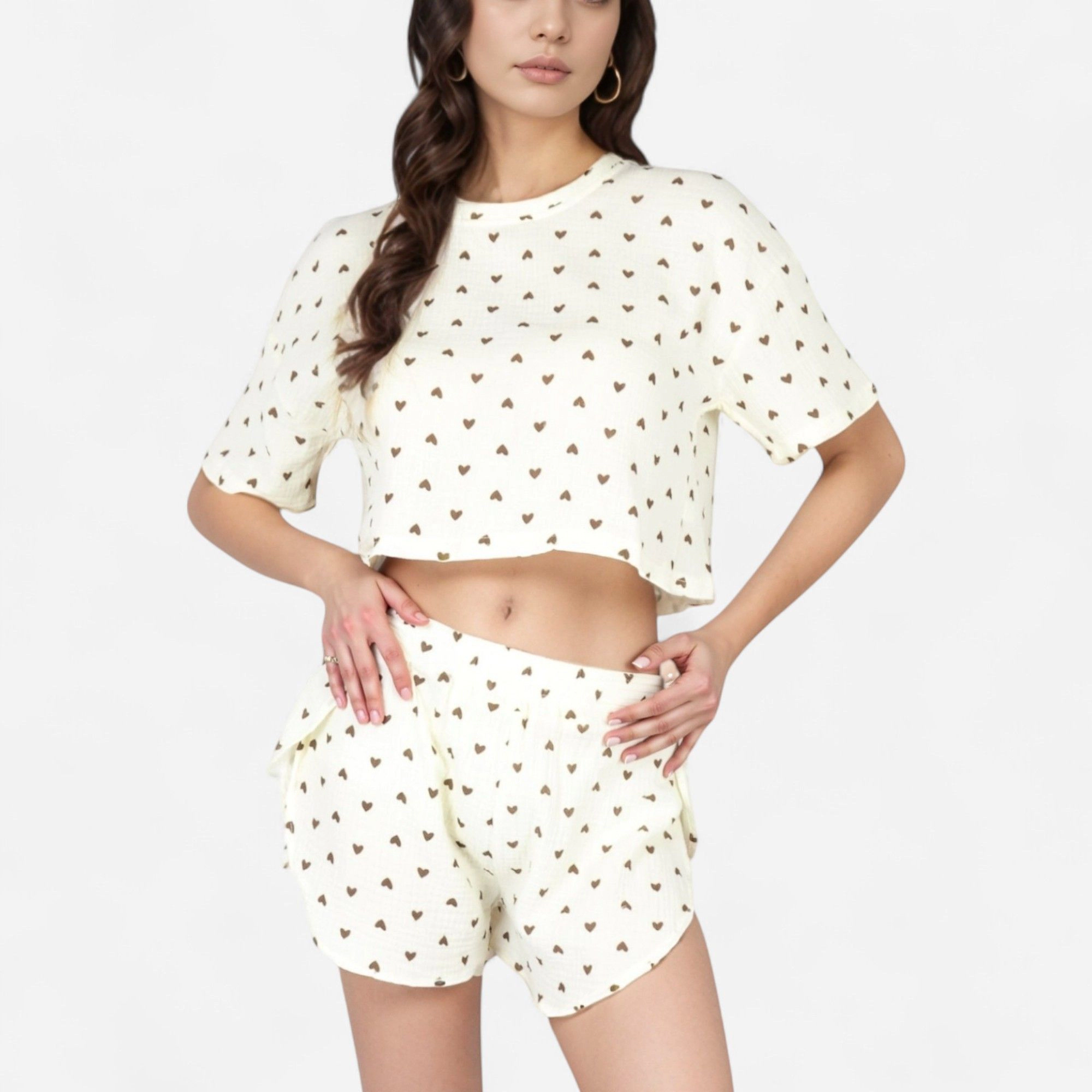 Anna-Kaci Women's Valentine Heart Print Waffle Knit Sleepwear Set with Cropped Tee and Elastic Waist Shorts
