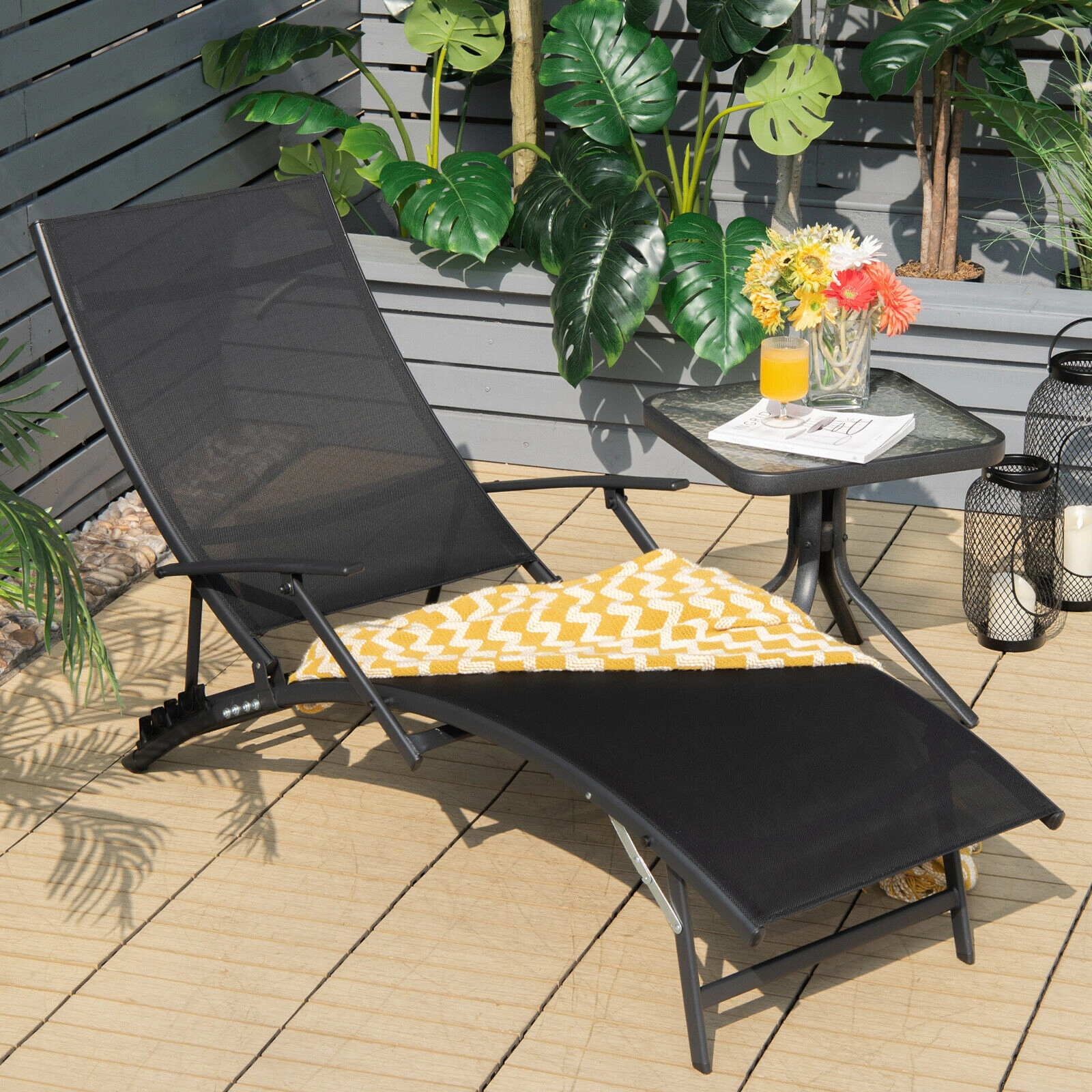 SUGIFT Set of 2 Black Stackable Patio Lounge Chairs with 5-Position Reclining Backrests