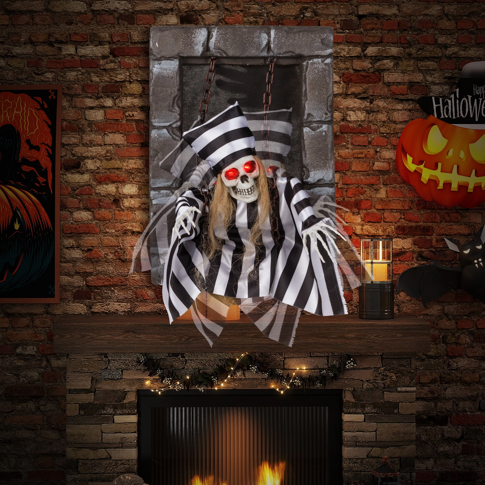 SUGIFT 18-in Sound Activated Animated Halloween Decoration Hanging Skull Prisoner with LED Eyes and Rope