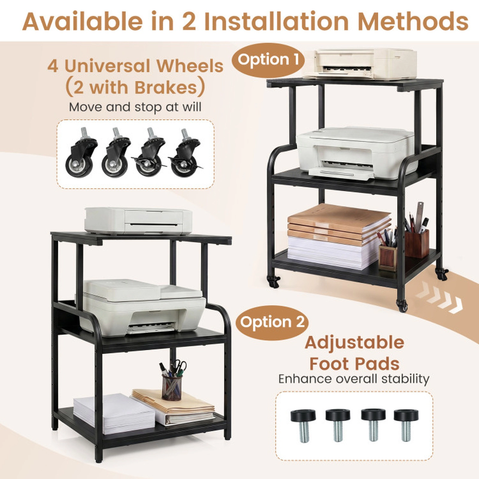 SUGIFT 21.5-in 3-Tier 44-lb Shelf Capacity Rolling Printer Stand with 5-Height Adjustable Shelf and Lockable Wheels