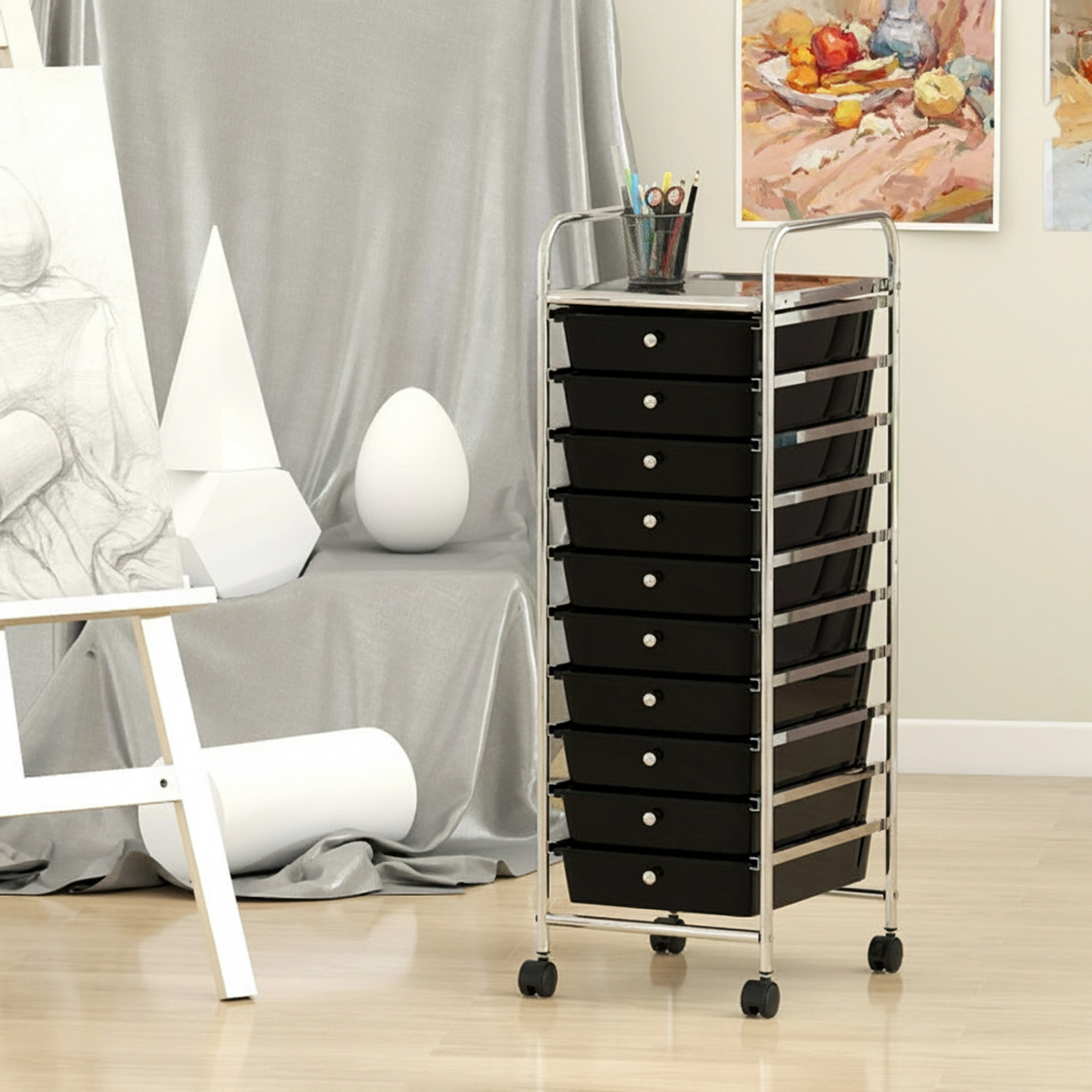 SUGIFT 38-in Tall 10-Drawer Rolling Cart Chrome Frame Drawer Tower for Dorm Closet and Bedroom Storage