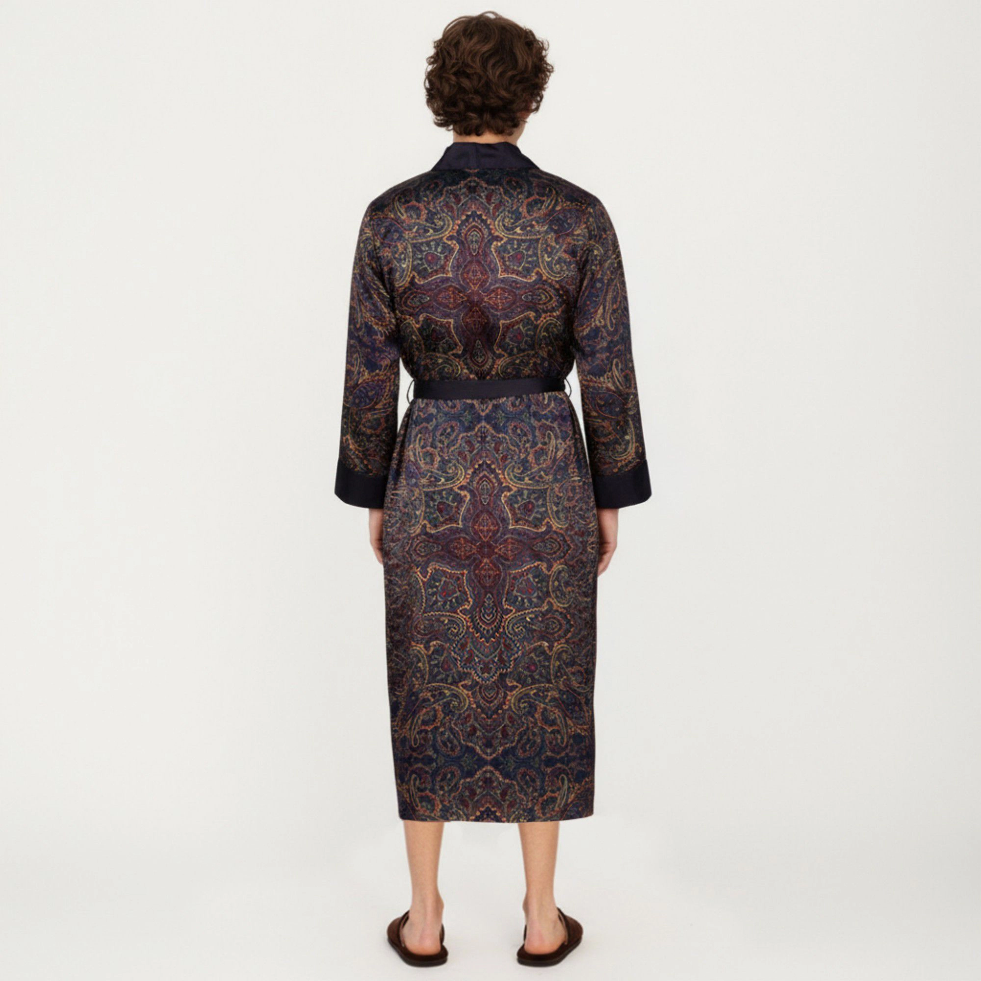 Anna-Kaci Men's Paisley Print Satin Robe with Contrast Trim Shawl Collar and Waist Tie