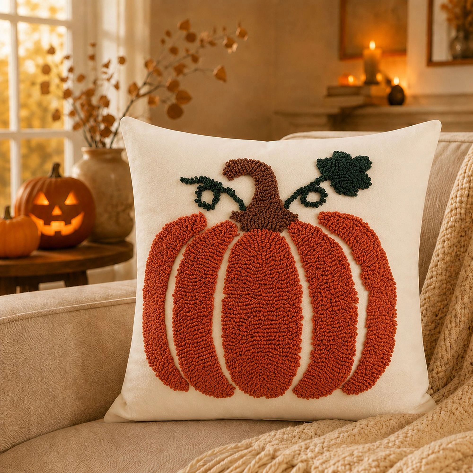 Alilang Fall Thanksgiving Tufted Pumpkin Vine Decorative Throw Pillow Cover