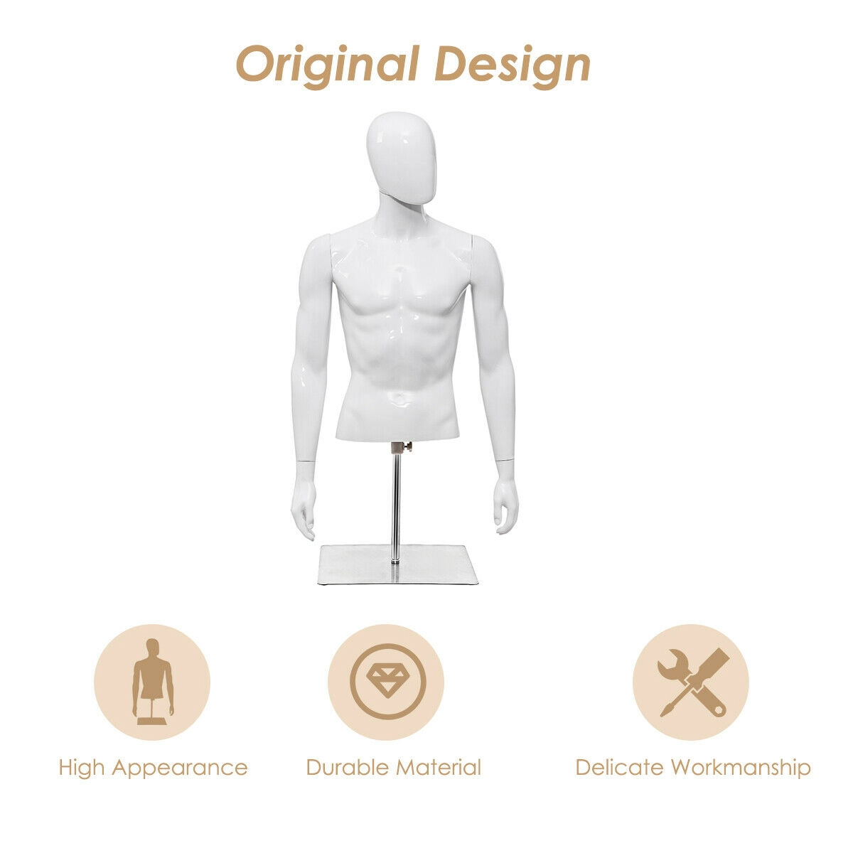SUGIFT Mens 42.5-in to 52-in Adjustable Rotating Head Metal Base Half Body Mannequin 19-in Shoulder 12-lb White