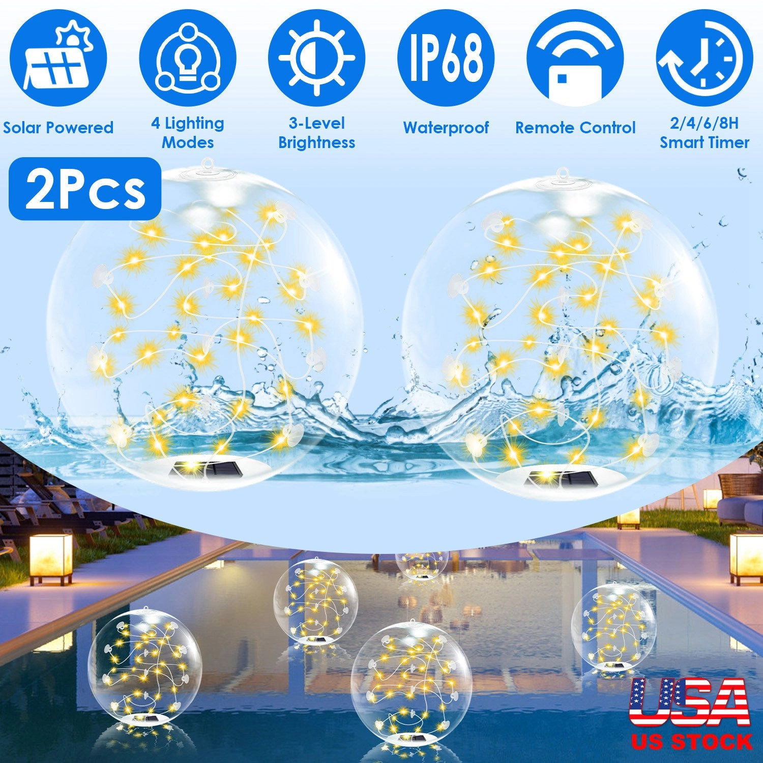 GBruno 2-Pc Solar Floating Pool Lights With Remote