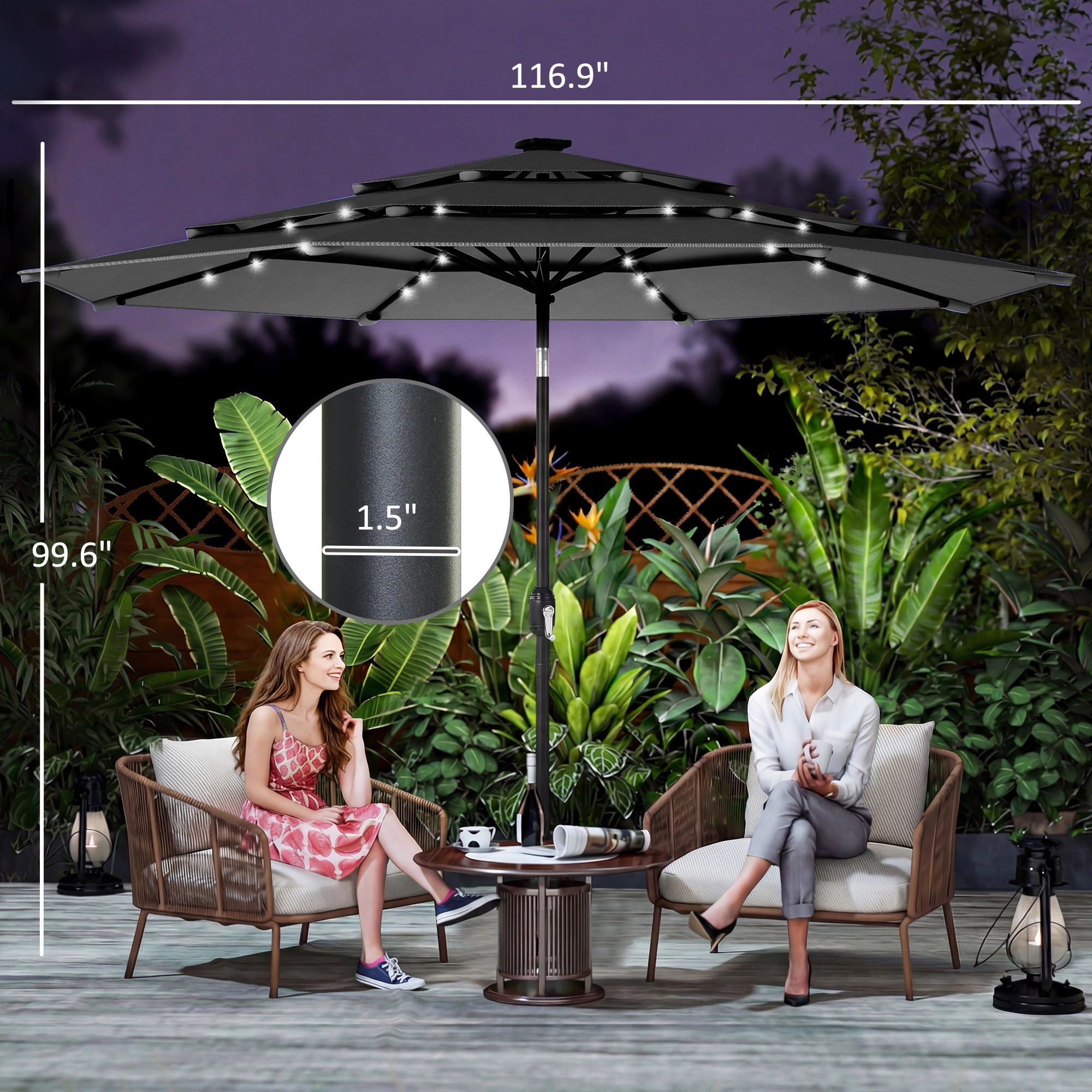 HONGGE 9.7 ft Outdoor Patio Umbrella with Solar LED Lights, 3 Tier Table Tilt, Crank