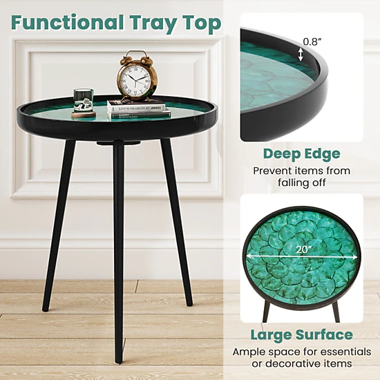 SUGIFT 20 Inch Sea Shell Resin Tray Top Mahogany Legs Accent Table In Green