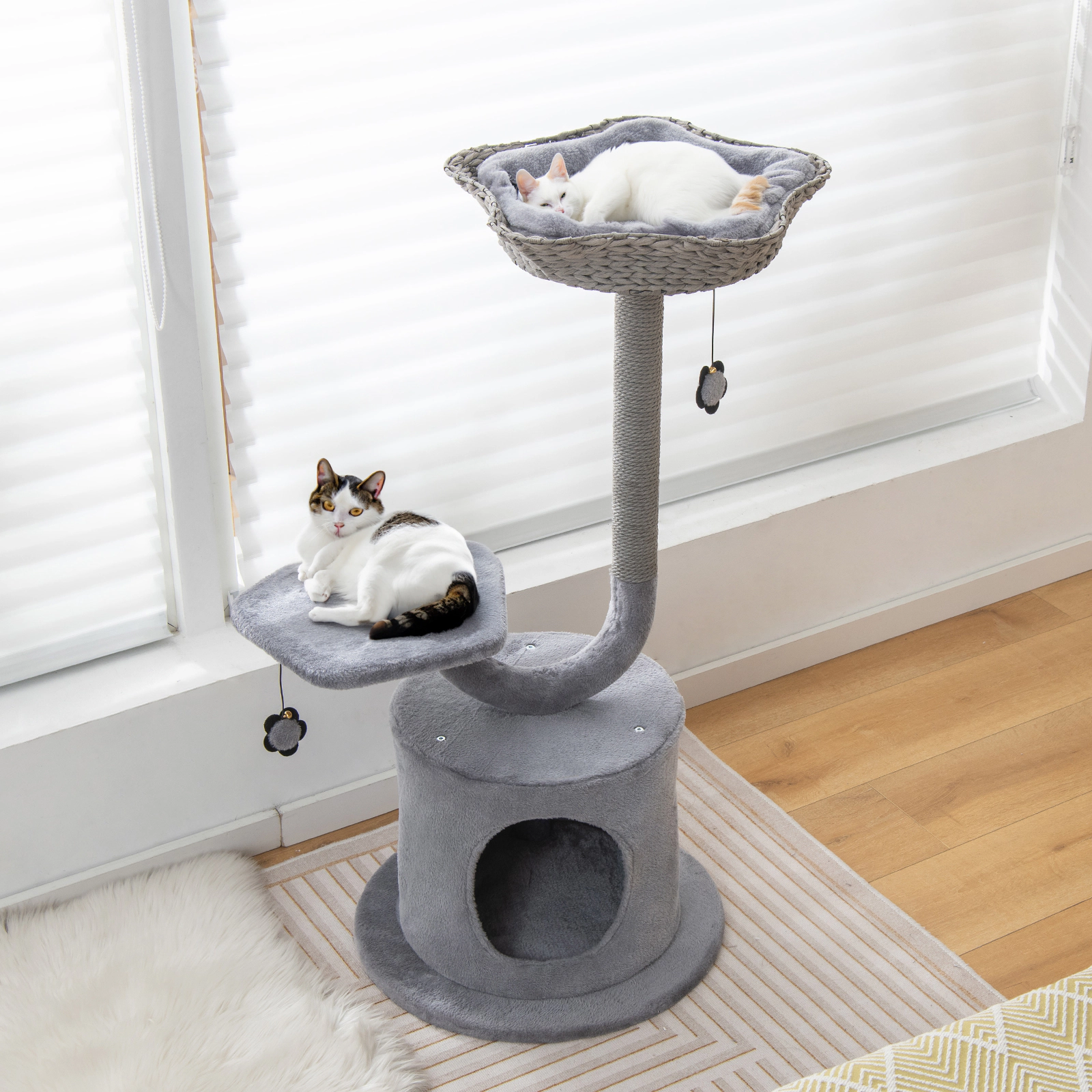 SUGIFT 42 in Cat Tower Gray 3-Tier with Curved Metal Frame Top Perch and Private Condo