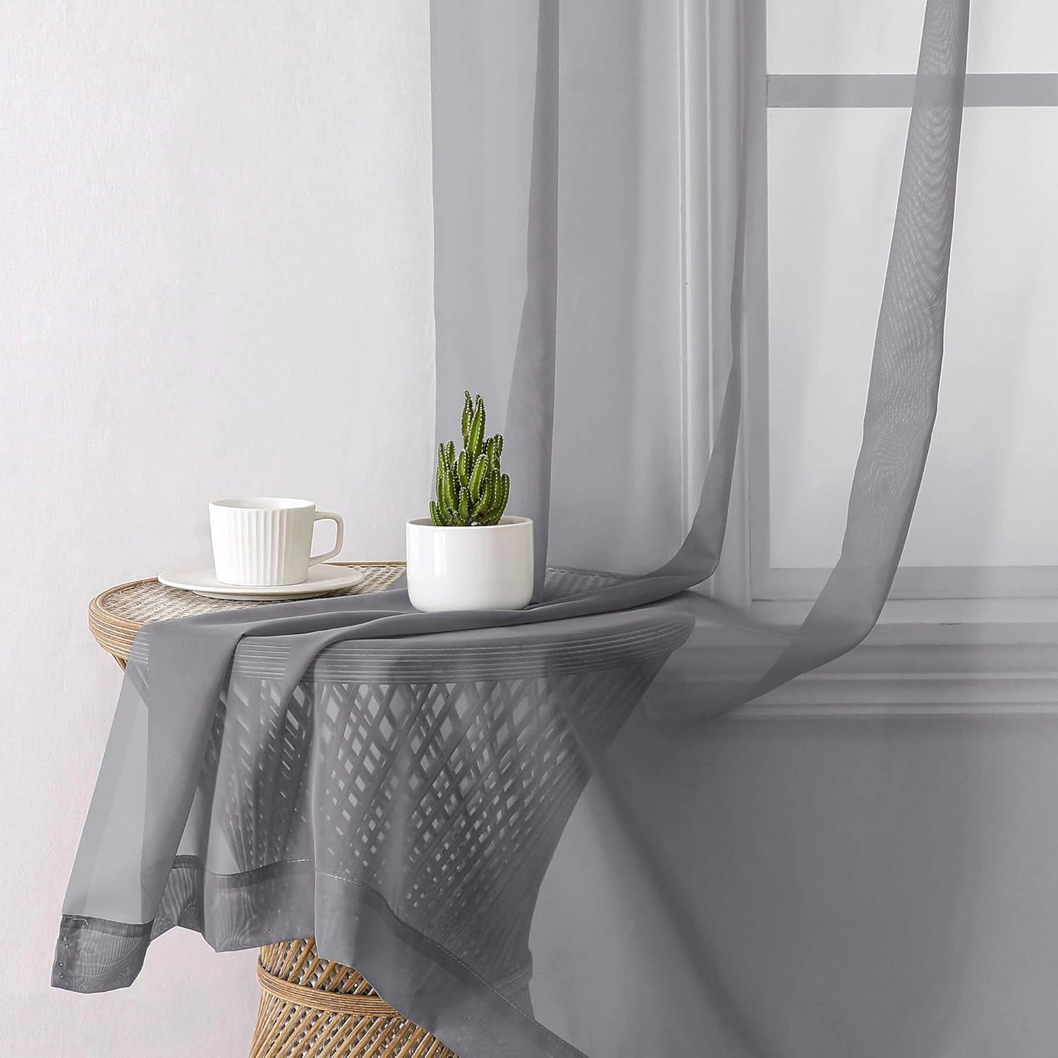 Kate Aurora 2 Piece For Extra Long Windows Rod Pocket Gray Rod Pocket Sheer Curtain Panels - 95 in. Long