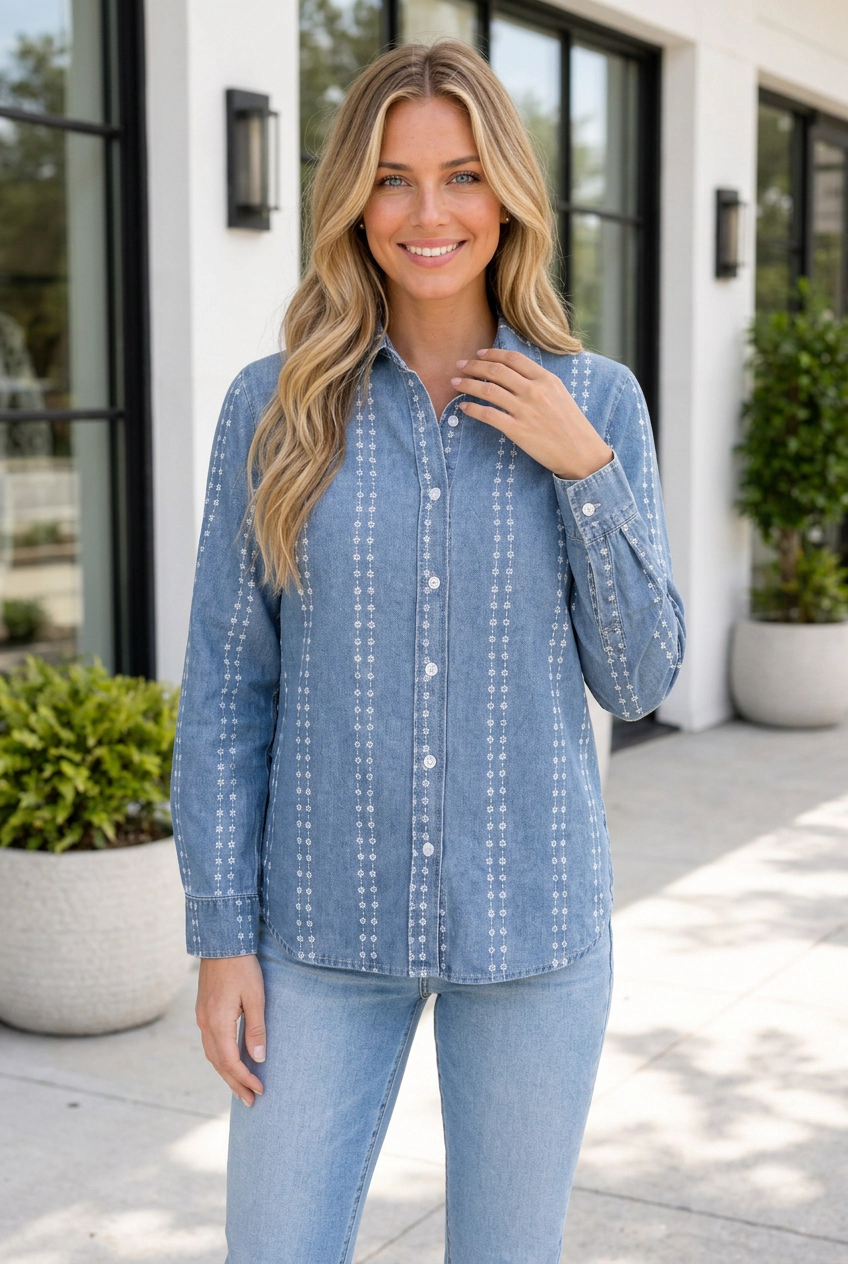 19092 Threaded Pear Carmen Long Sleeve Denim Shirt with Floral Embroidery