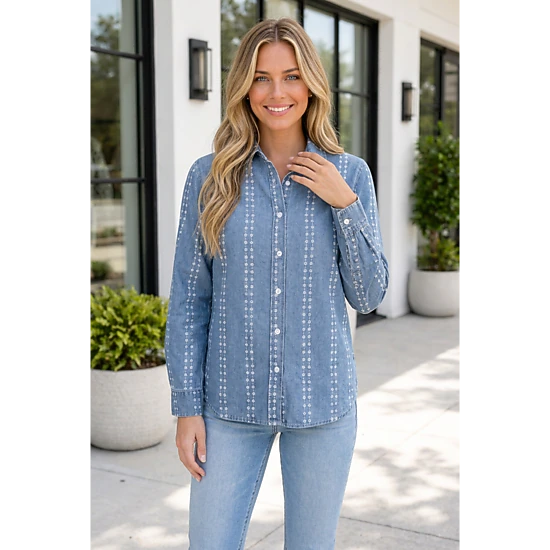 19092 Threaded Pear Carmen Long Sleeve Denim Shirt with Floral Embroidery