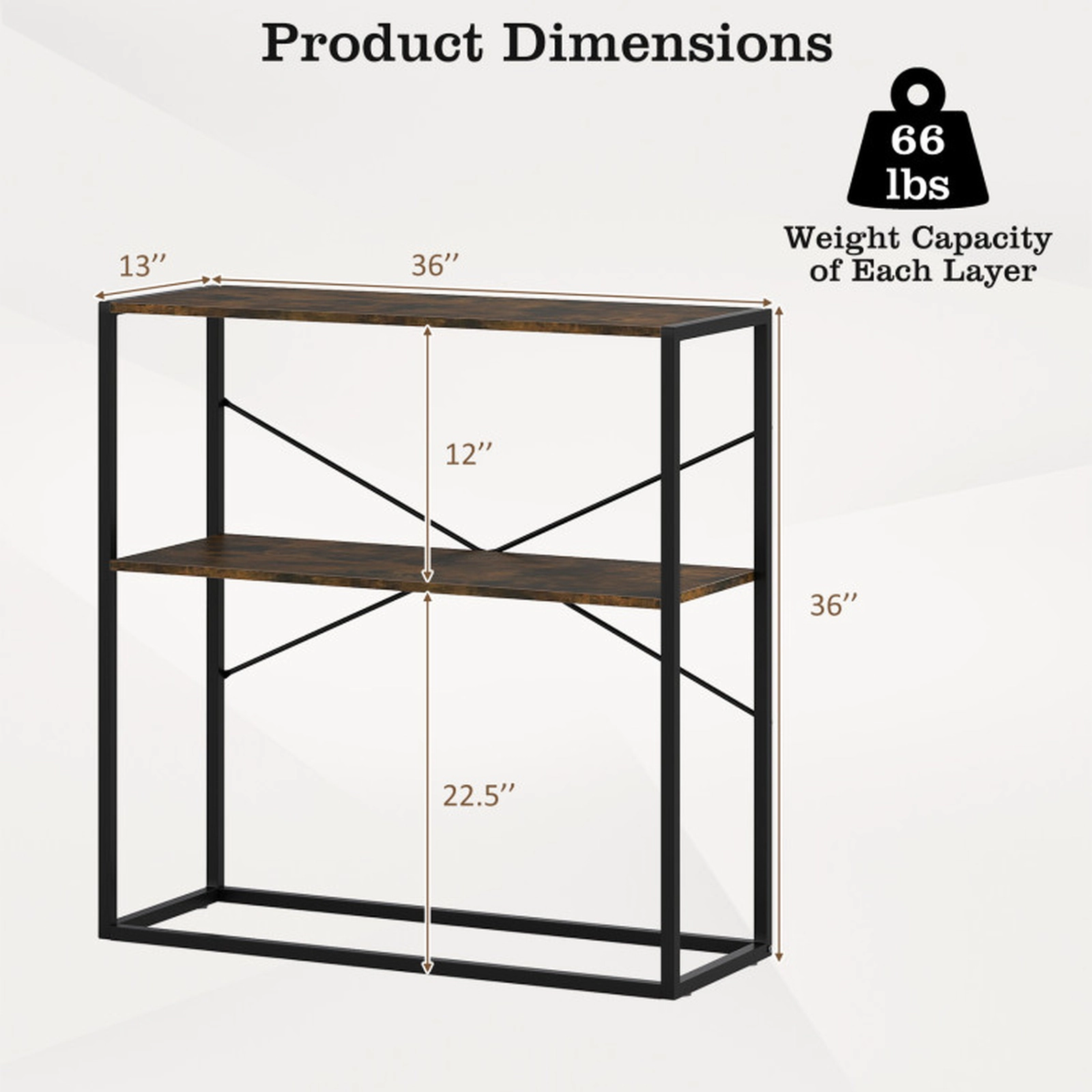 SUGIFT 2-Tier Open Shelves Black Metal X Frame Console Table 36-in x 13-in x 36-in 66-lb per Shelf Rustic Brown