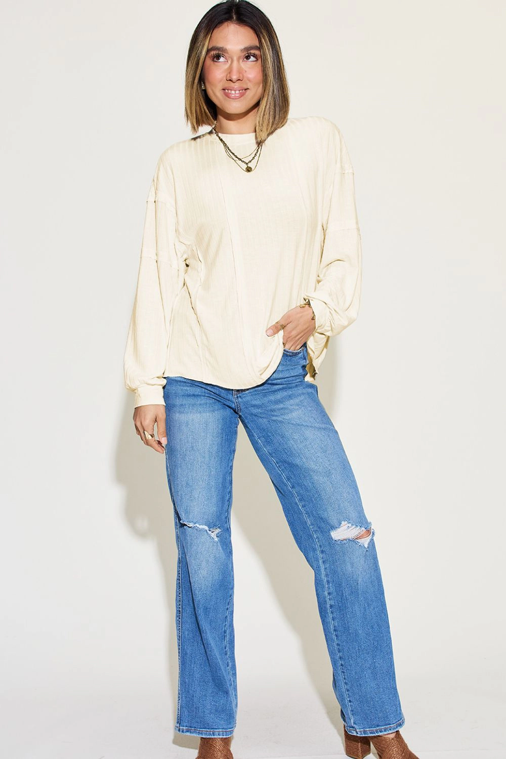 TRUEDAMES Womens Basic Bae Full Ribbed Round Neck Long Sleeve T-Shirt