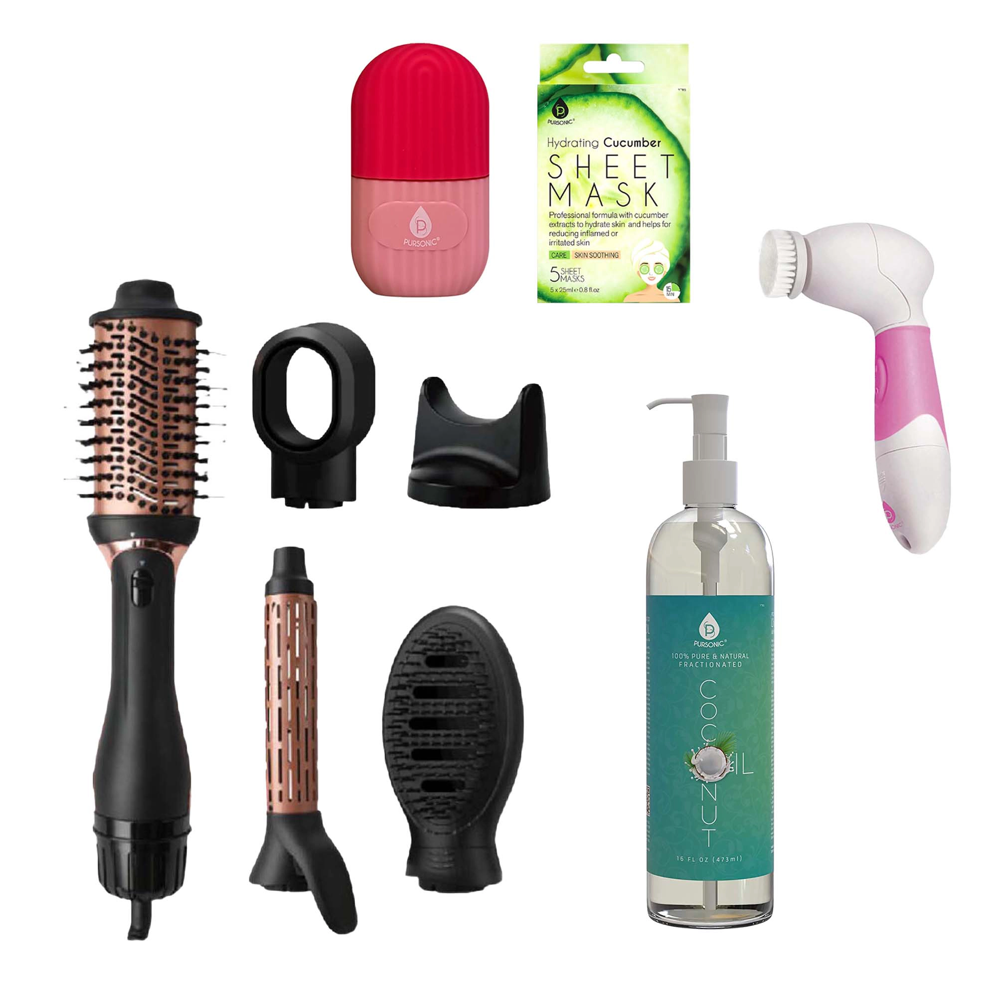 Pursonic Unisex Complete Beauty & Wellness Self-Care Bundle – Facial Roller, Cleansing Brush, Hair Styling Brush, Sheet Masks & Coconut Oil Set