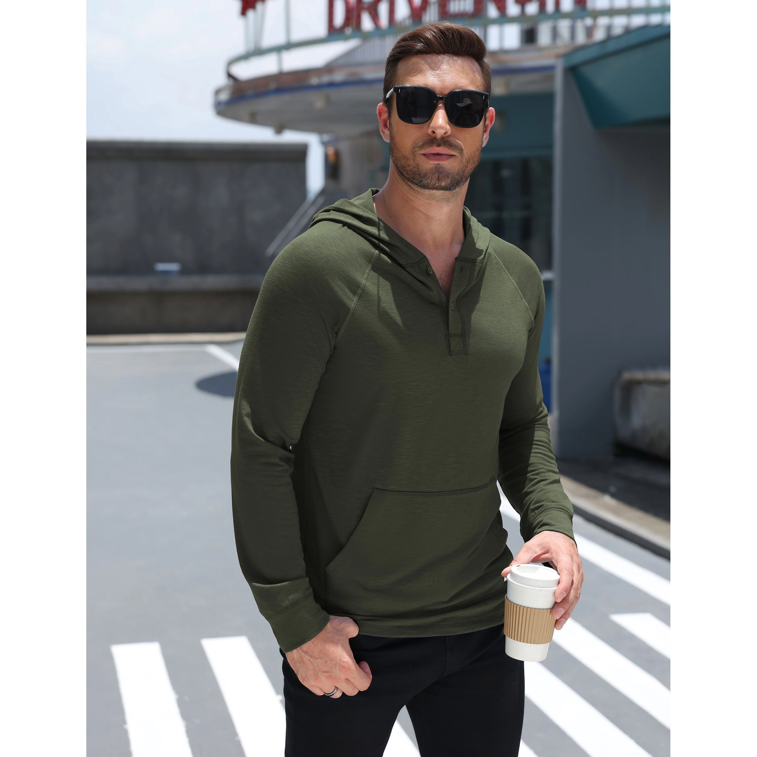COOFANDY Men's Regular Fit Long Sleeve Henley Hooded Pullover Hoodie