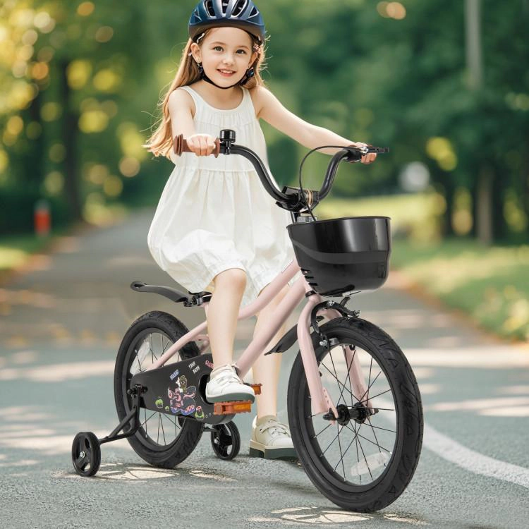 SUGIFT 16-Inch Pink Kids Bike, Metal Frame, Front Basket, Training Wheels, Hand and Coaster Brakes
