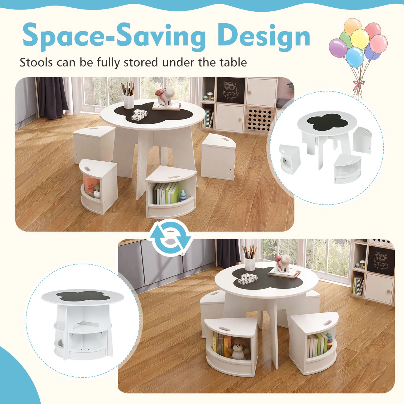 SUGIFT Space-Saving Kids Round Table and Chair Set 66-lb Tabletop Capacity Ages 3+ White