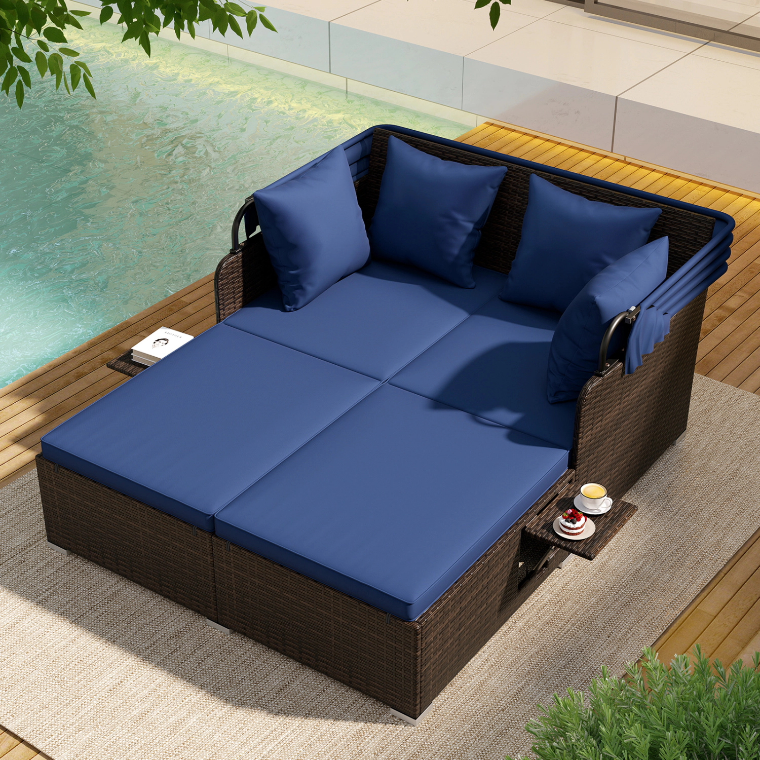 LJG Outdoor Patio Rattan Daybed with Retractable Canopy and Side Tables