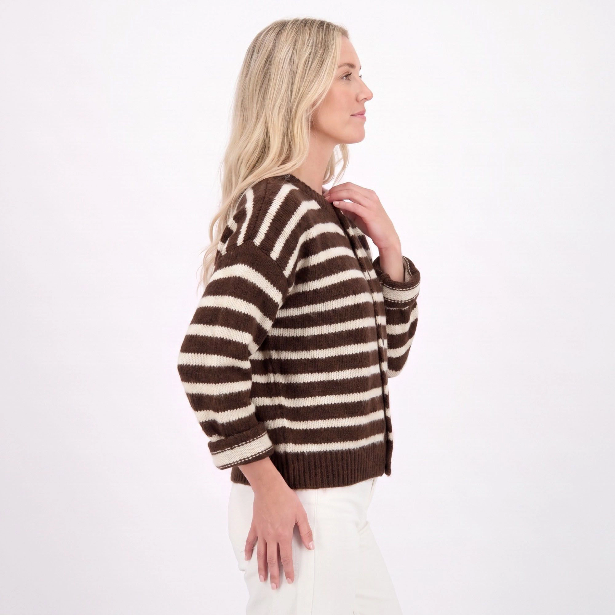 Anna-Kaci Women's Striped Button-Front Crew Neck Knit Cardigan