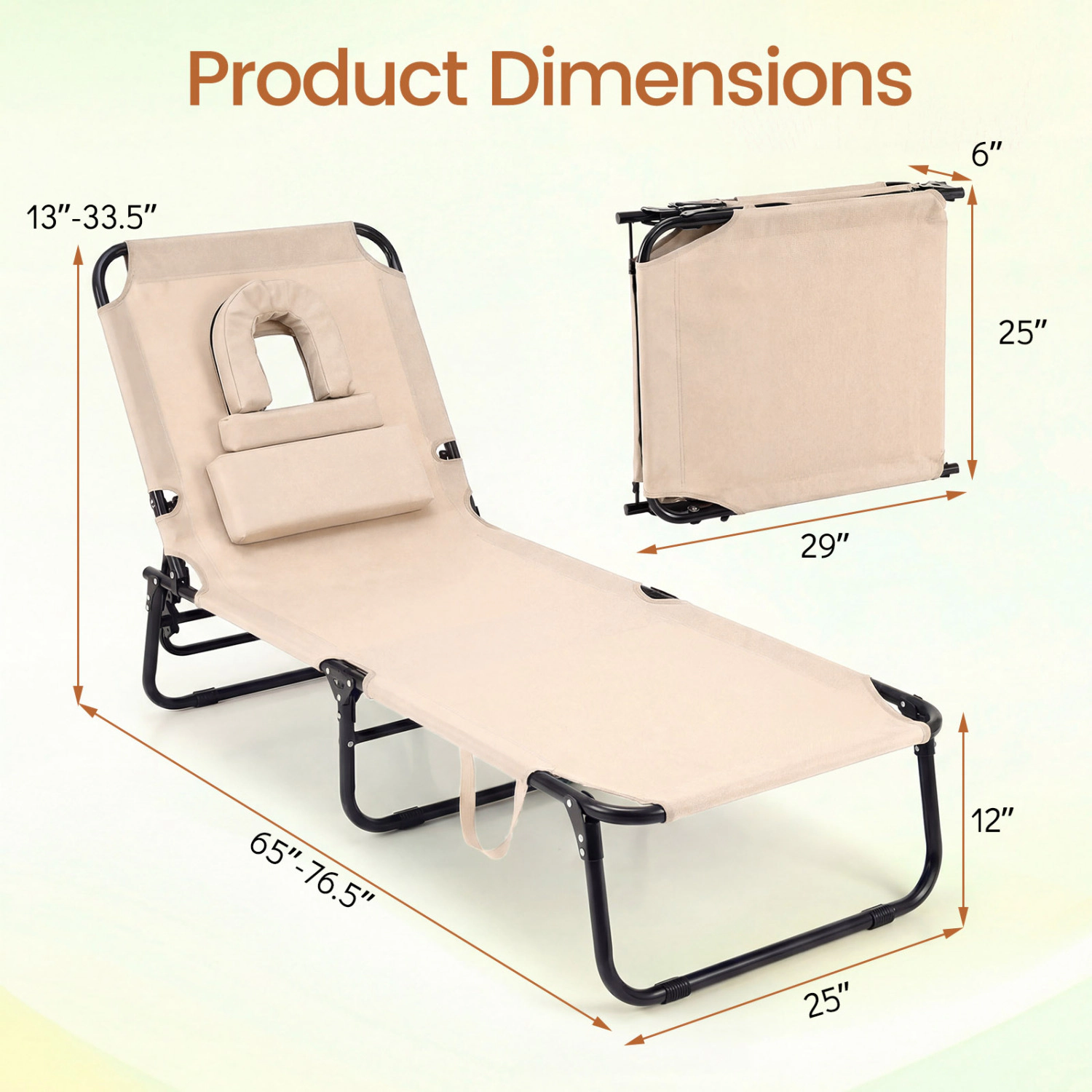 LJG Folding Face Down Tanning Chair with Hole 3 Removable Pillows