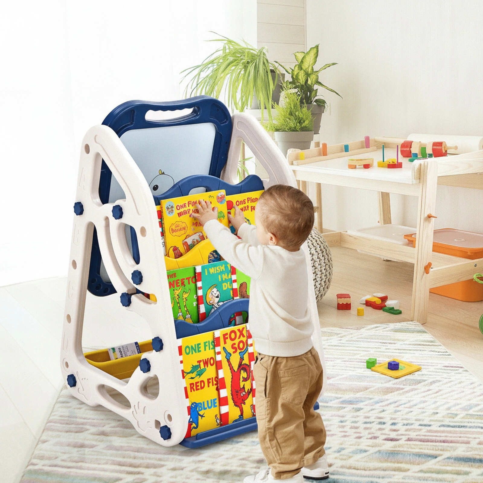 3-in-1 Kids Art Easel Double-Sided Whiteboard Chalkboard Bookshelf 32-Piece Accessory Set Ages 3 and Up Blue