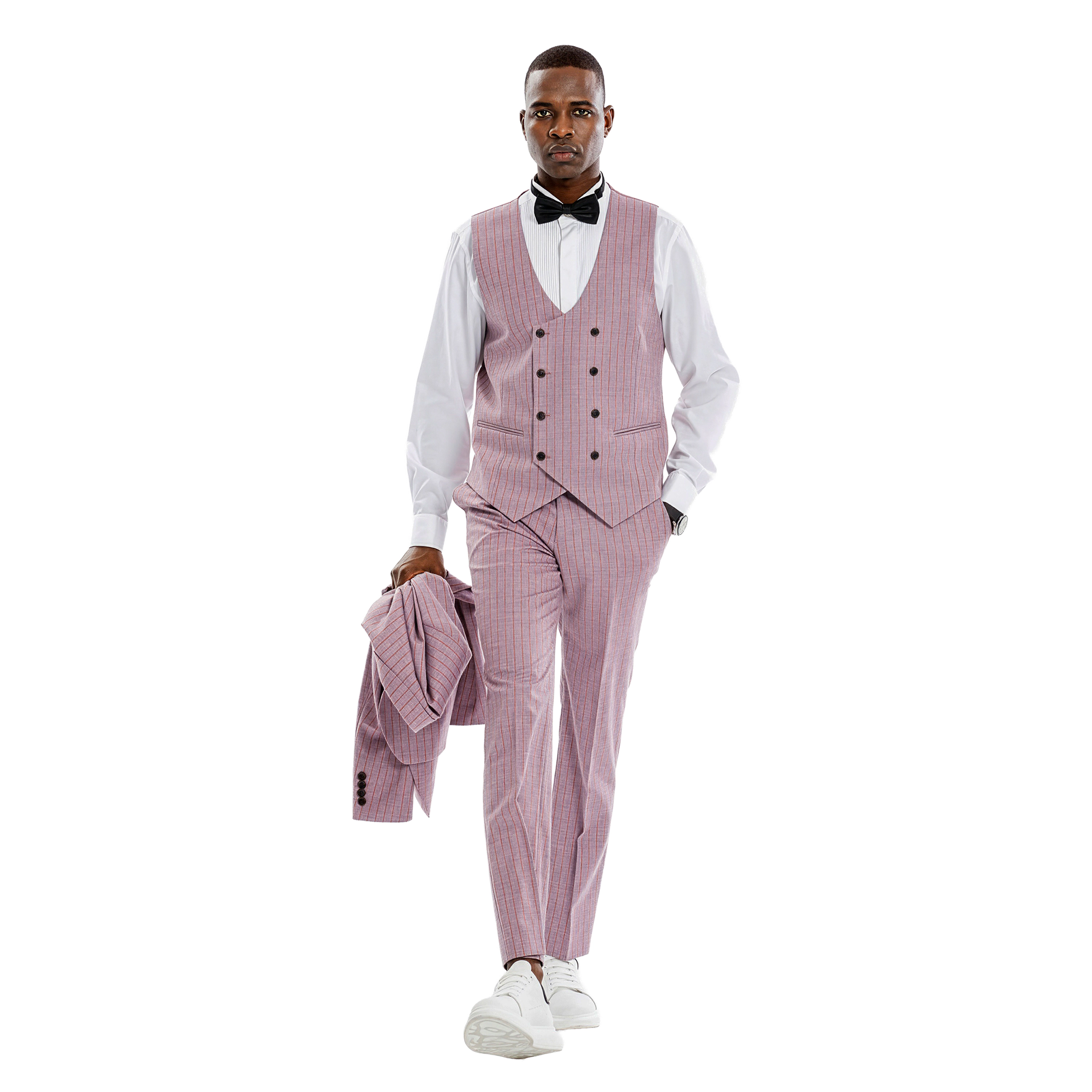 Tazzio Mens Pinstripe 3pc Skinny Fit Suit Set with a Double Breasted Vest