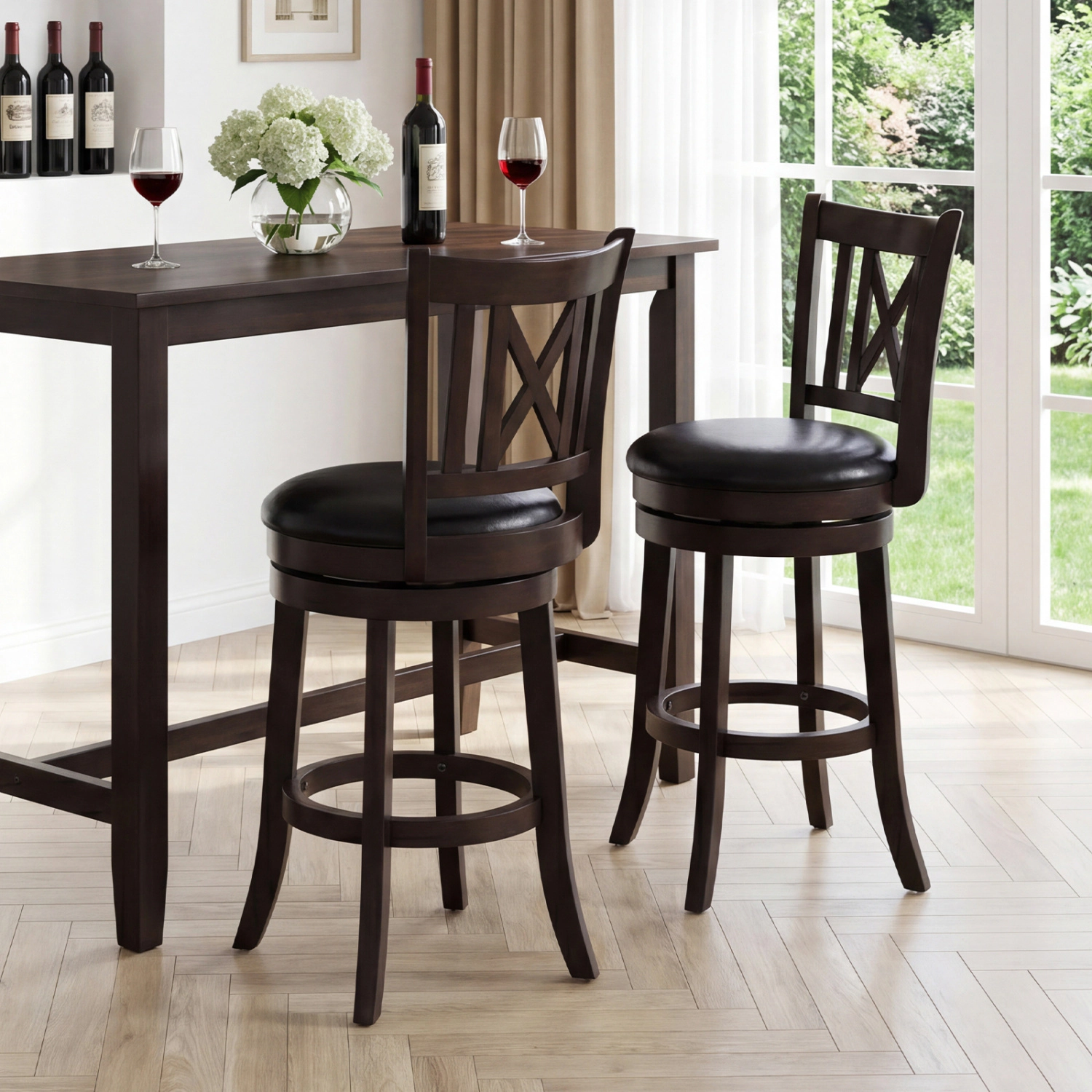 LJG Set of 2 Bar Stools Swivel Bar Chairs with Hollowed Backrest and Footrest