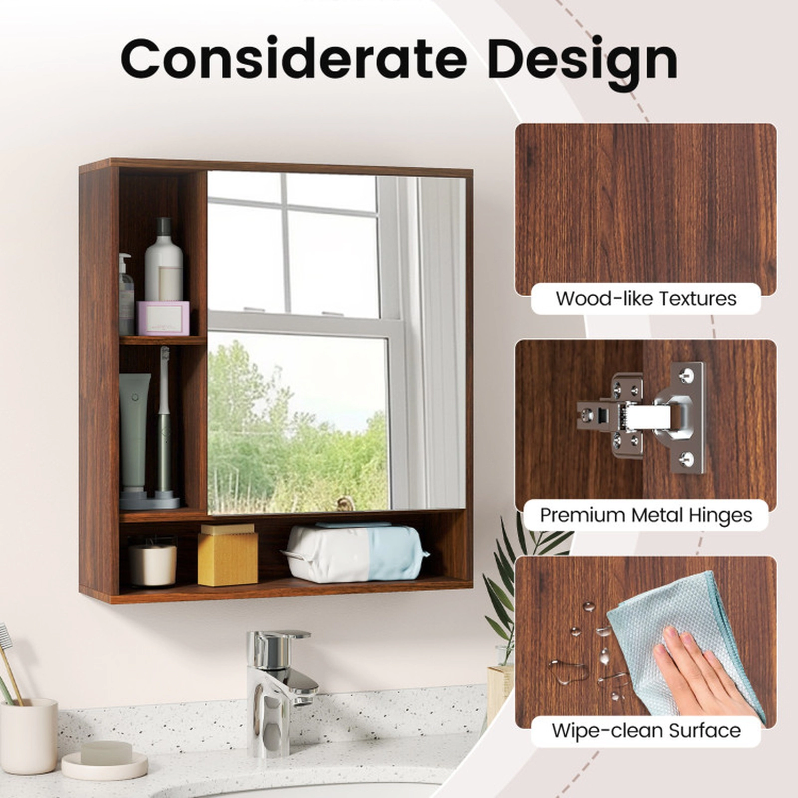 SUGIFT Walnut 176-lb Capacity Wall Mounted Bathroom Mirror Cabinet with Single Door and Open Shelves