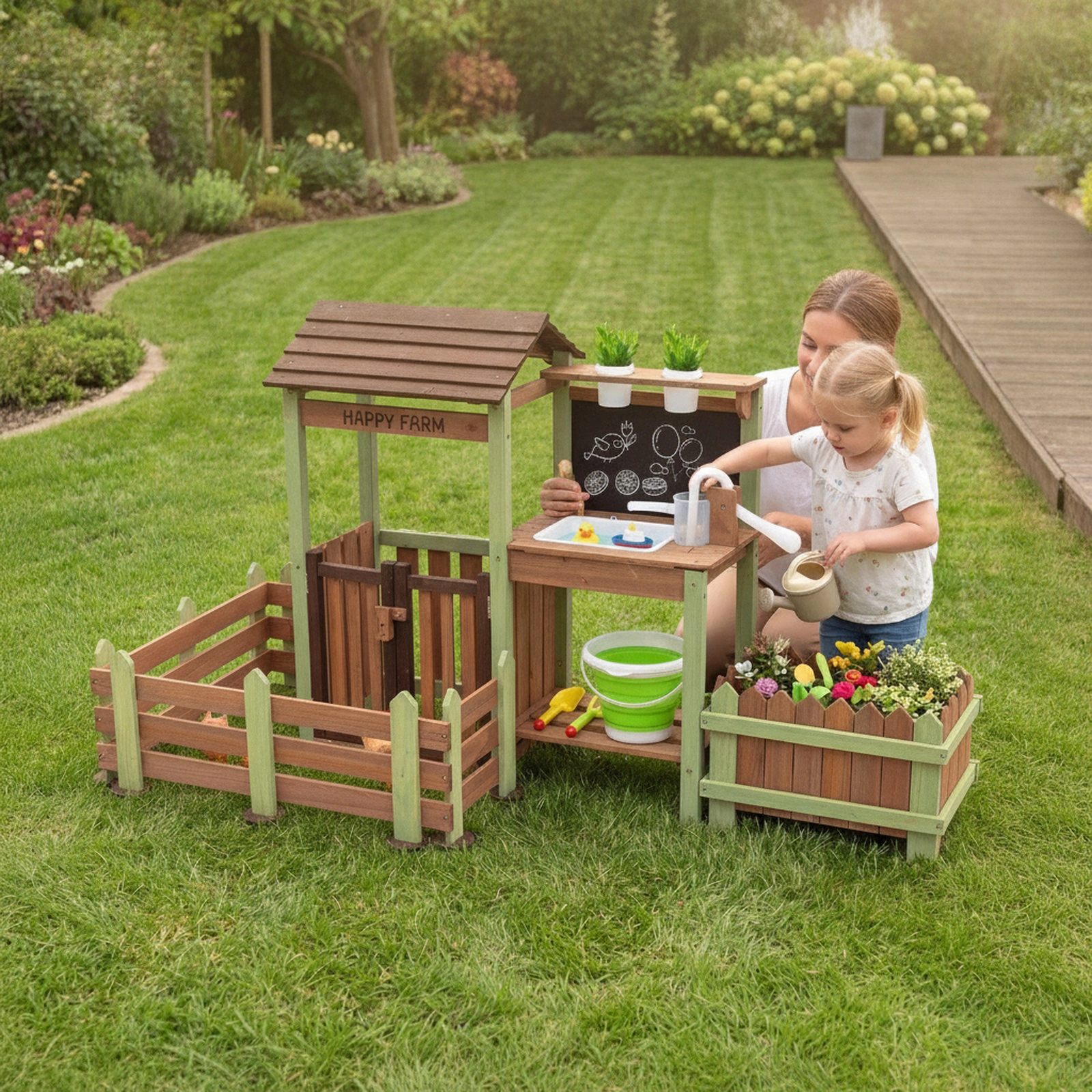 Kids Mud Farm Playset Outdoor Raised Planter Box Lockable Animal Yard Running Faucet 65-in x 27-in x 35-in Fir Wood