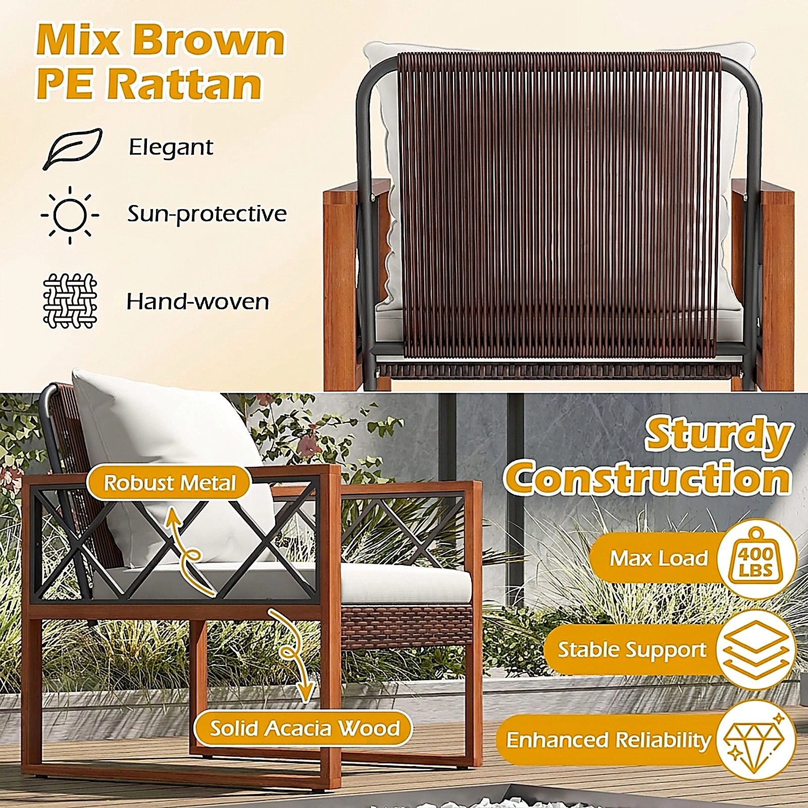 SUGIFT 3-Piece Off-White Patio Bistro Set, 2 Cushioned Rattan Chairs and Tempered Glass Table